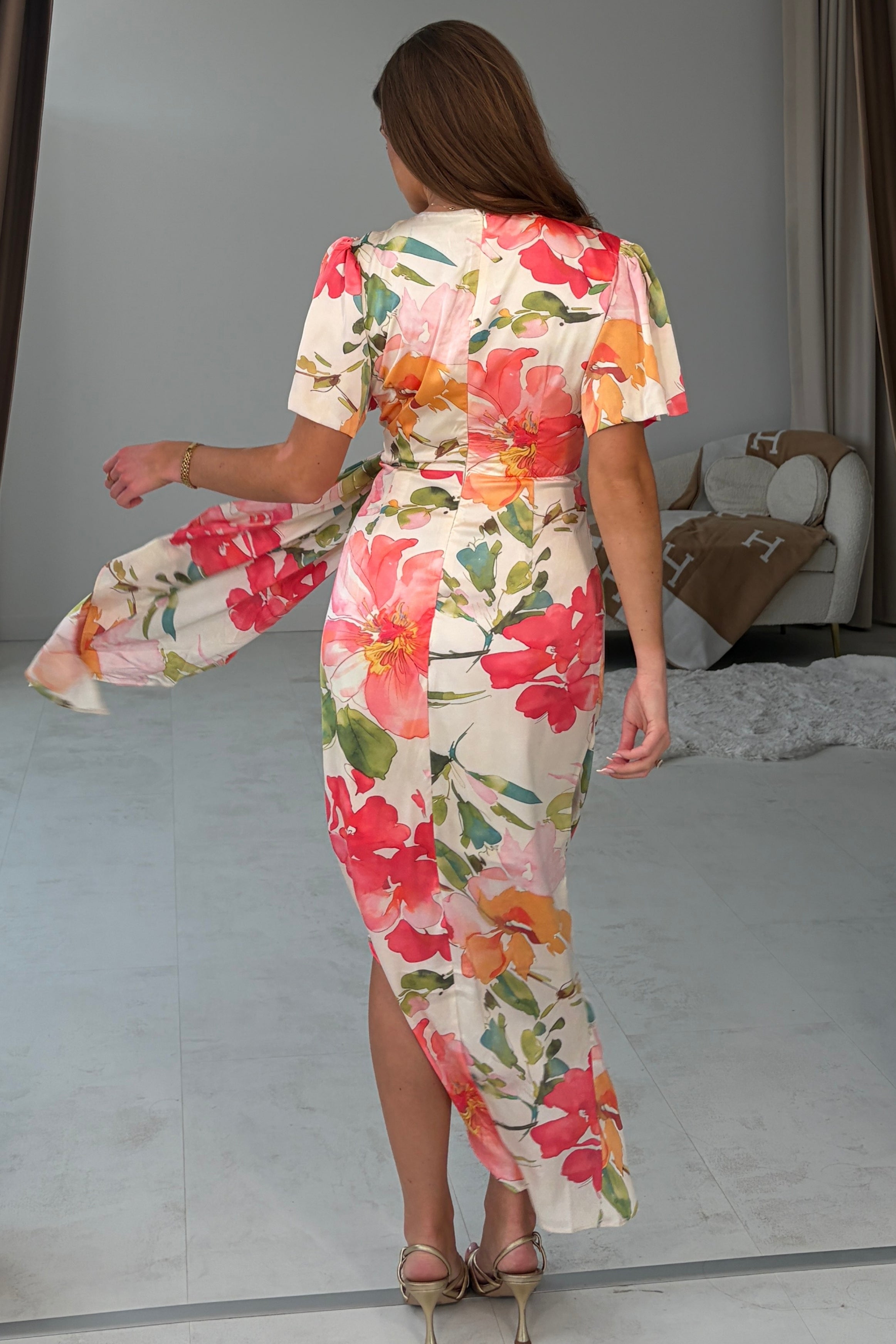 Drew Puff Sleeve Wrap Front Midi Dress Floral Print