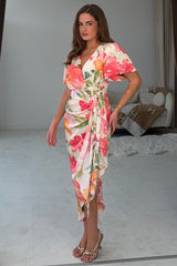 Drew Puff Sleeve Wrap Front Midi Dress Floral Print