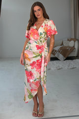 Drew Puff Sleeve Wrap Front Midi Dress Floral Print