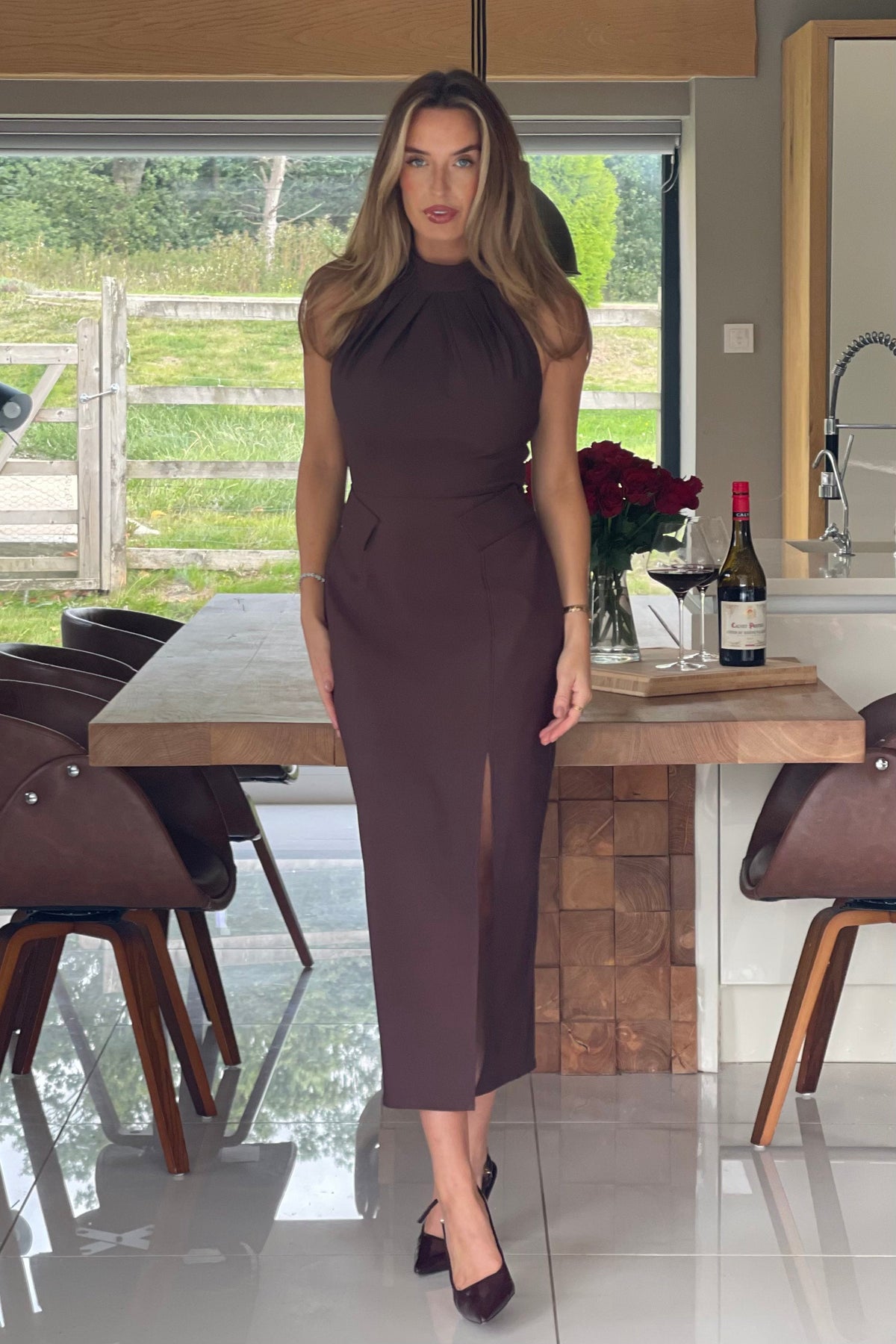 Eris Pocket Detail High Neck Midi Dress Brown