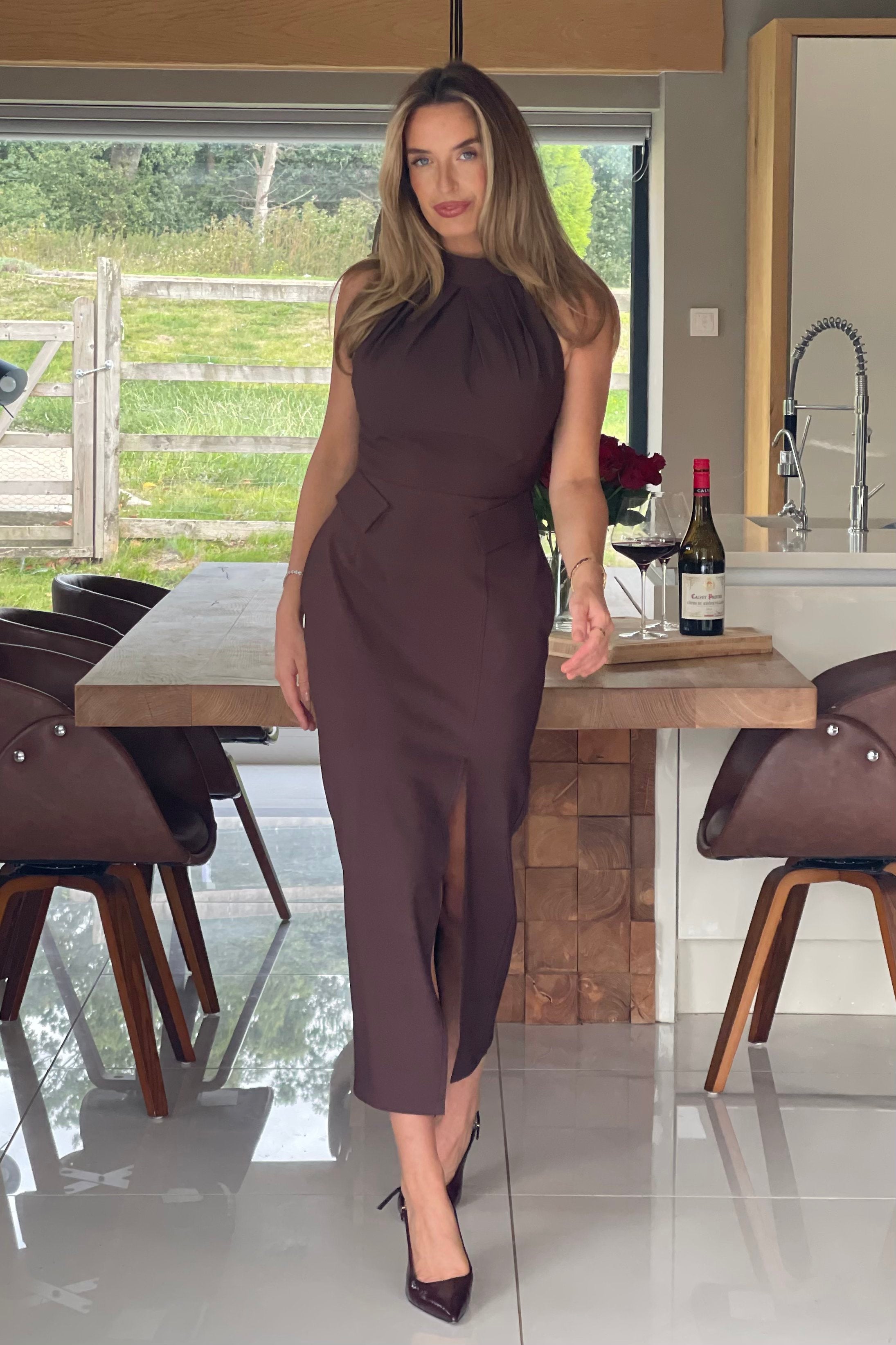 Eris Pocket Detail High Neck Midi Dress Brown