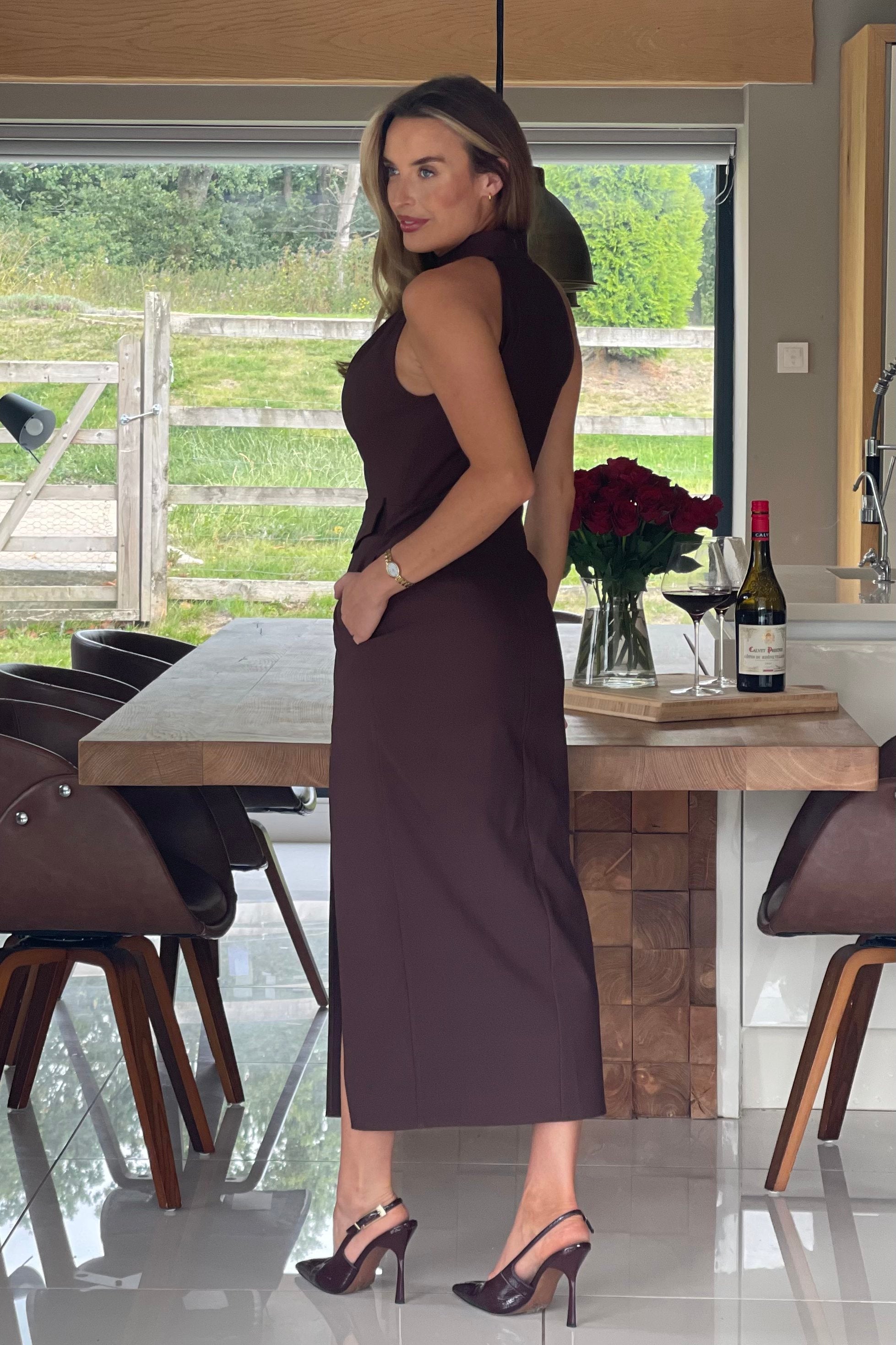 Eris Pocket Detail High Neck Midi Dress Brown