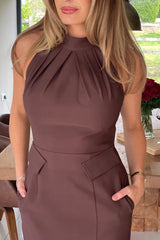Eris Pocket Detail High Neck Midi Dress Brown