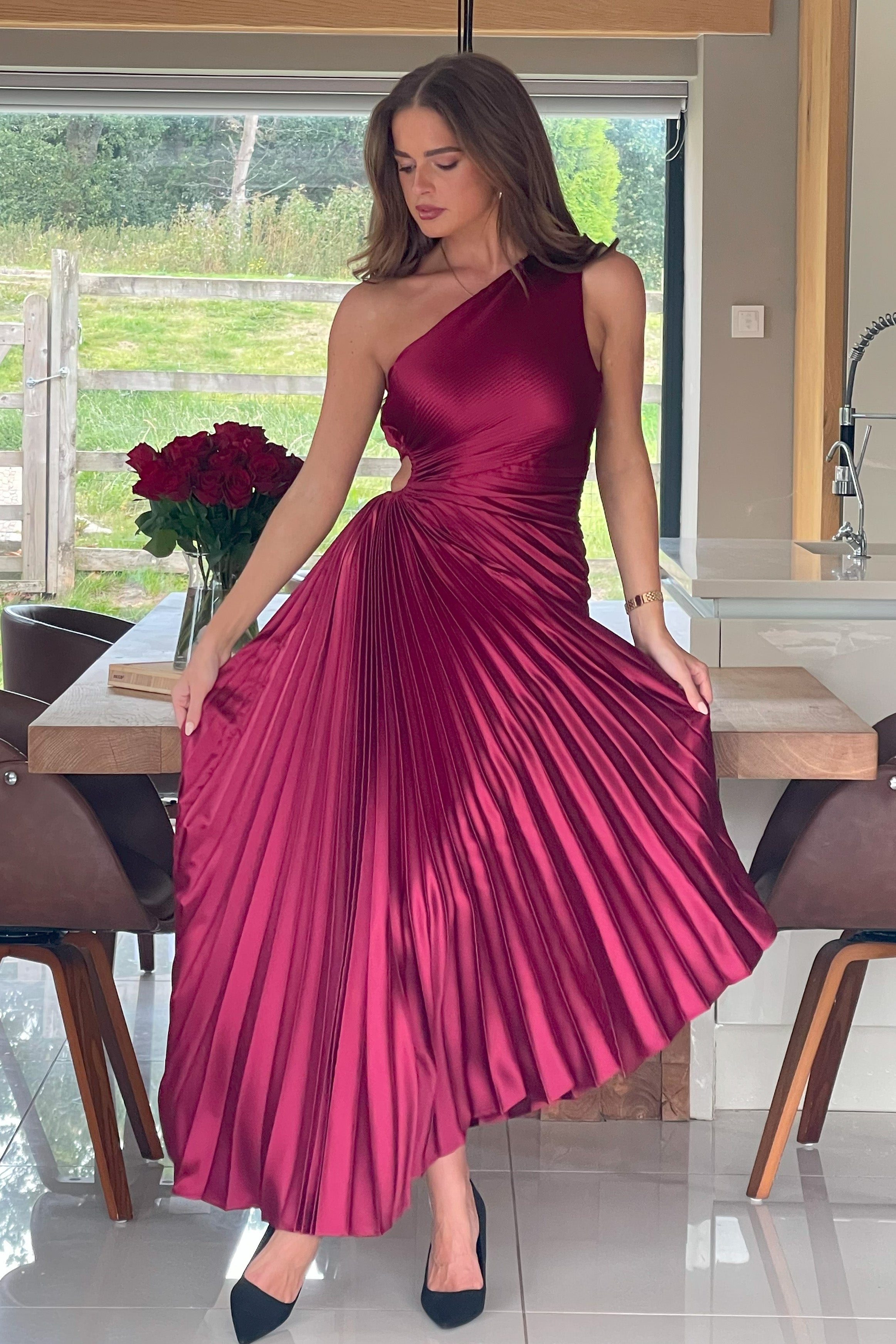 Aoife One Shoulder Pleated Midi Dress Berry