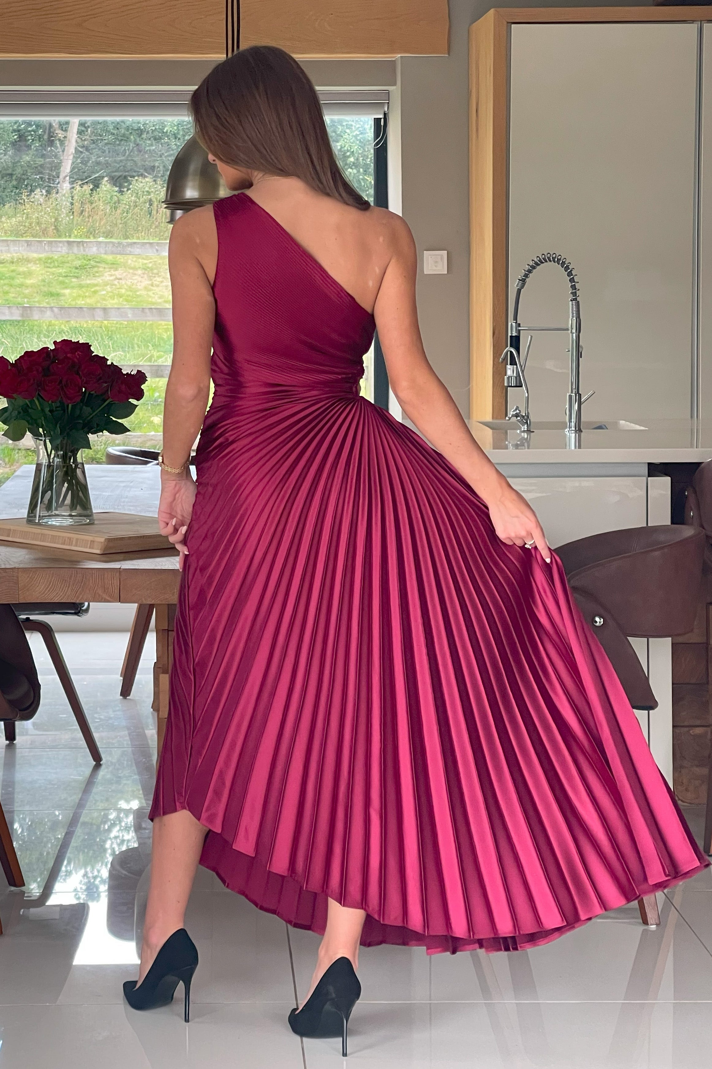 Aoife One Shoulder Pleated Midi Dress Berry