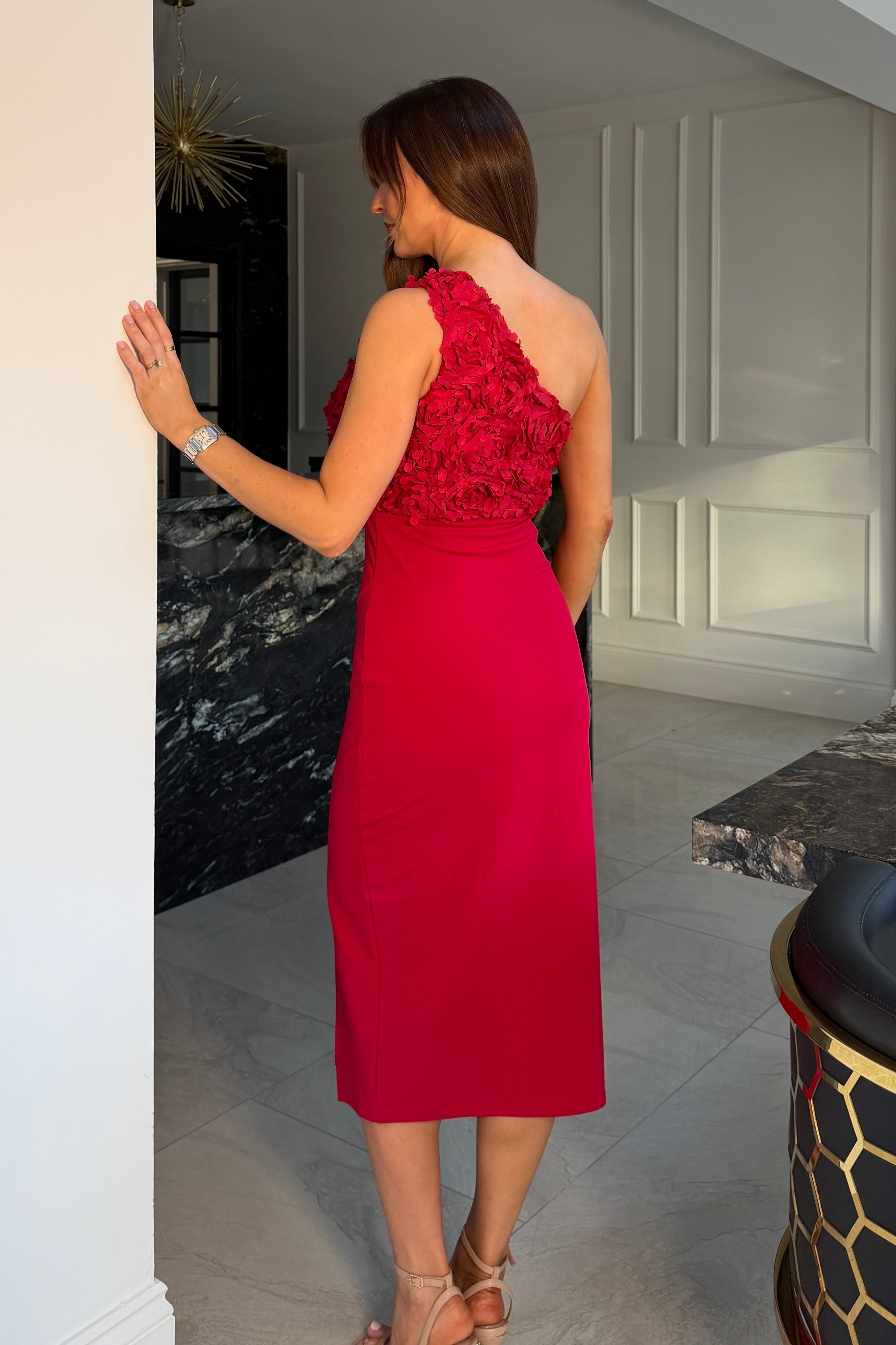 Gwyneth 3D Floral One Shoulder Midi Dress Red