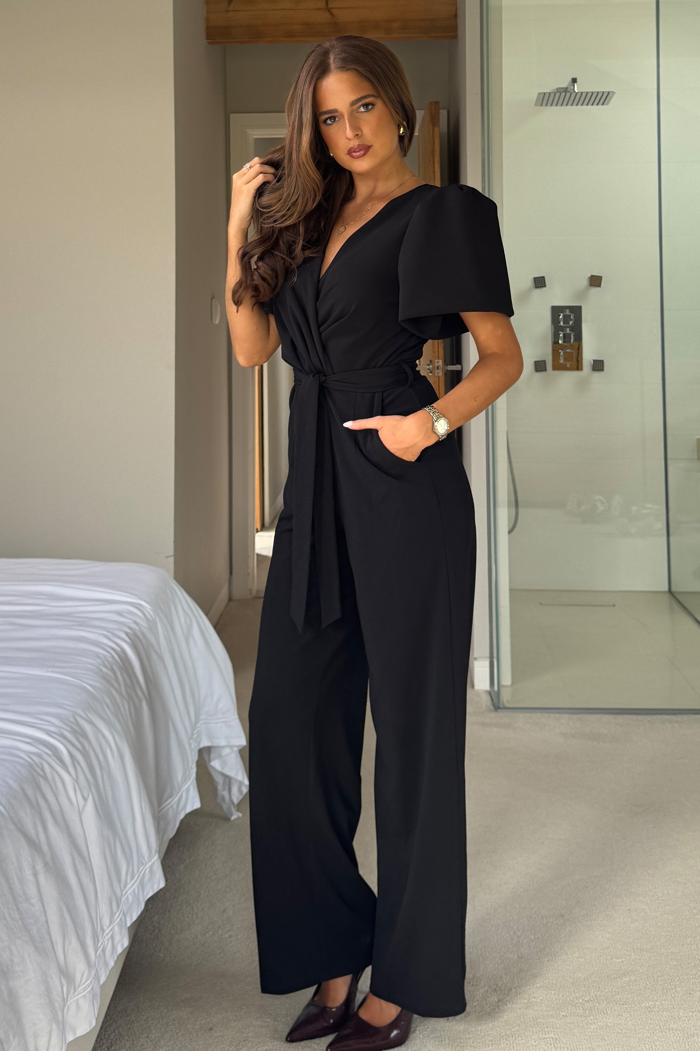 Drew Wrap Neck Puff Sleeve Jumpsuit Black