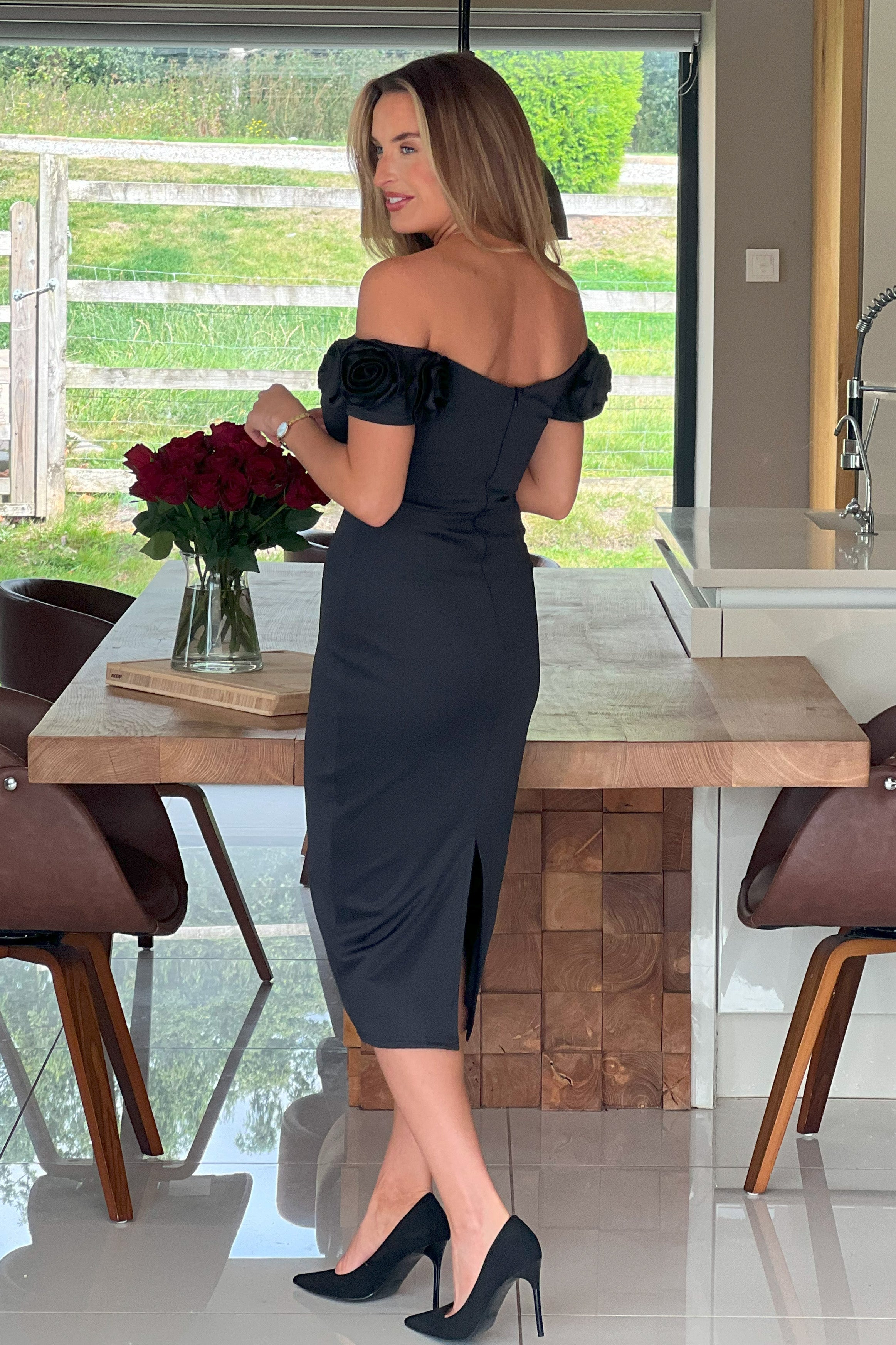 Alice 3D Floral Detail Off The Shoulder Midi Dress Black
