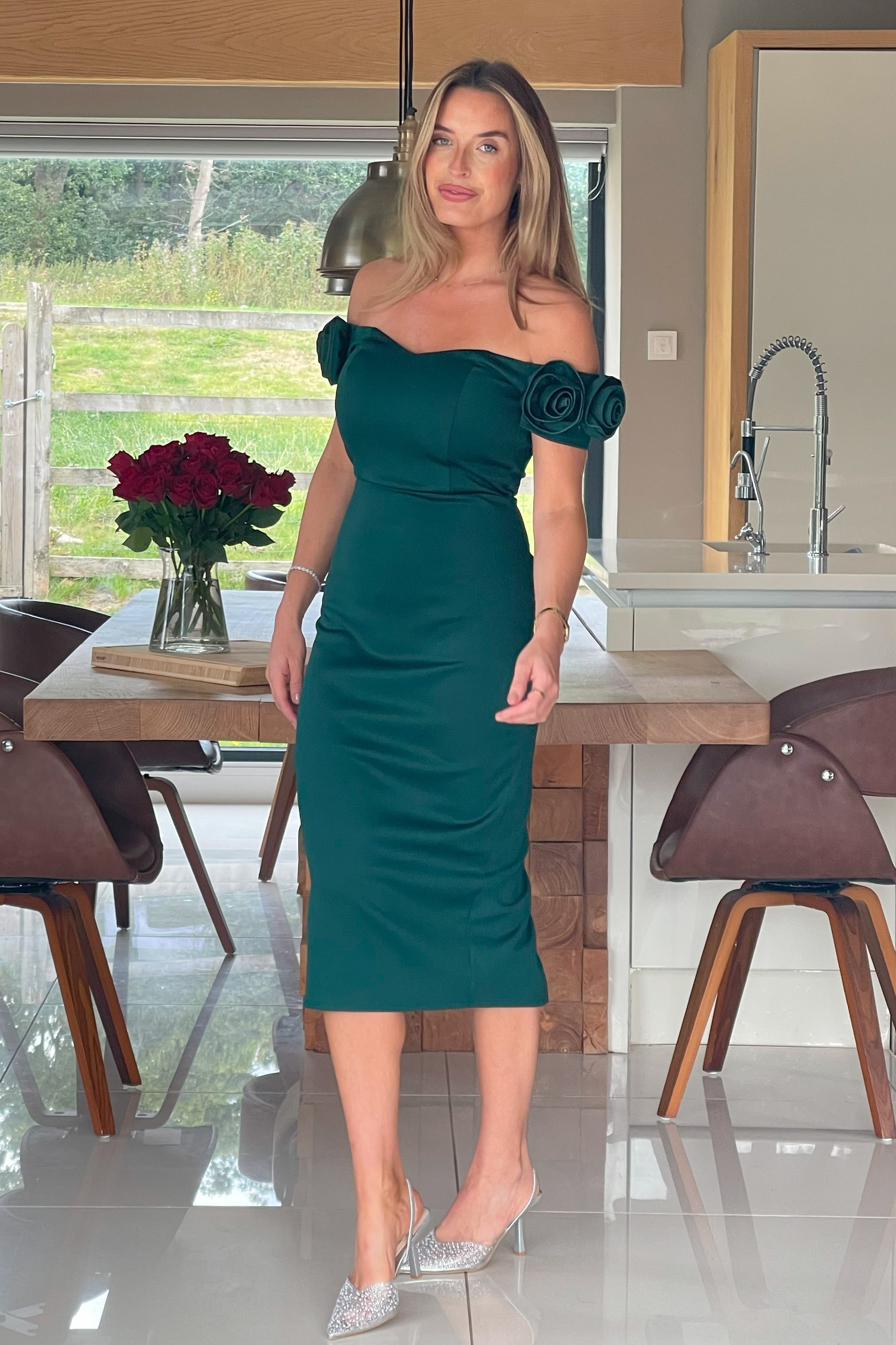 Alice 3D Floral Detail Off The Shoulder Midi Dress Emerald Green