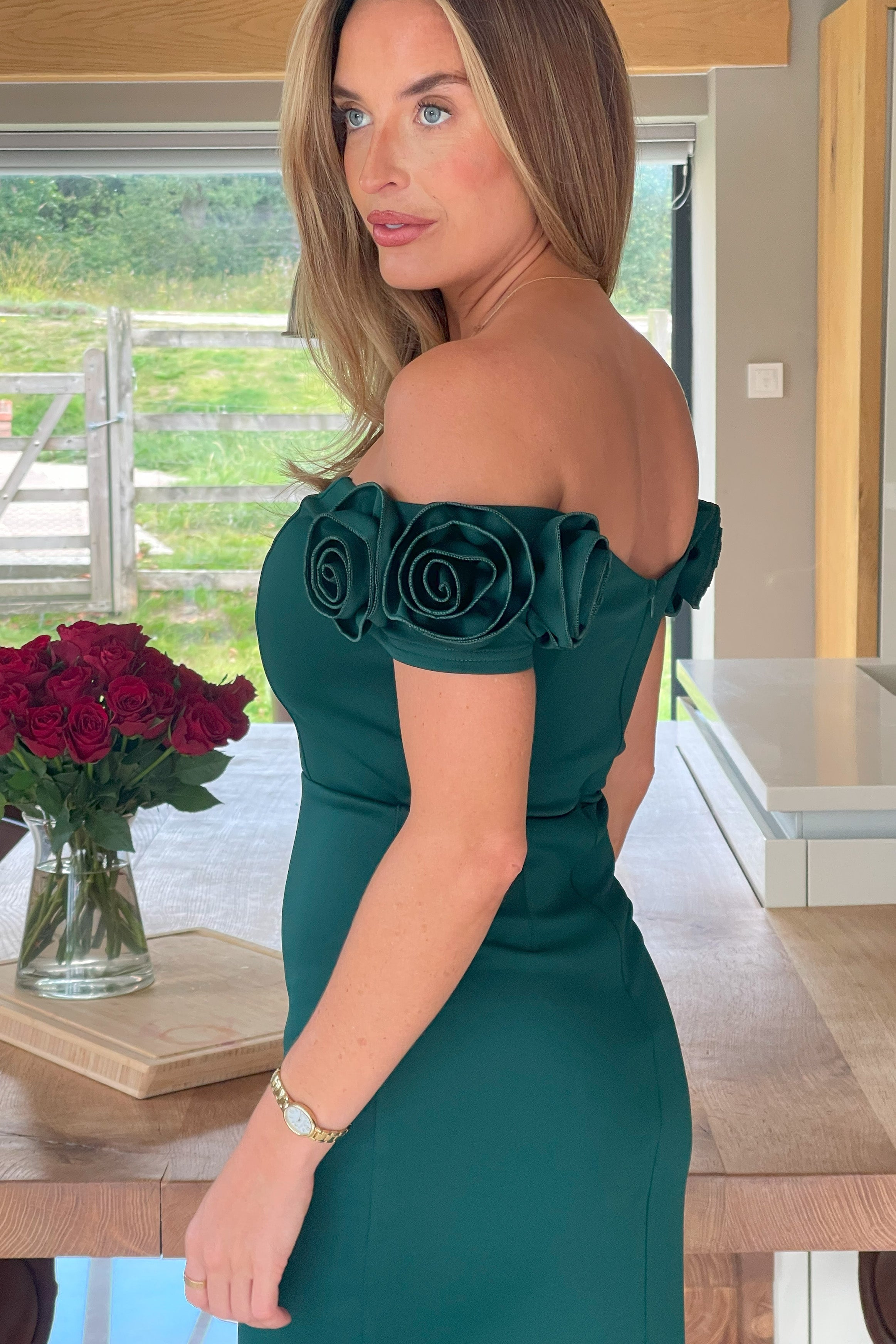 Alice 3D Floral Detail Off The Shoulder Midi Dress Emerald Green