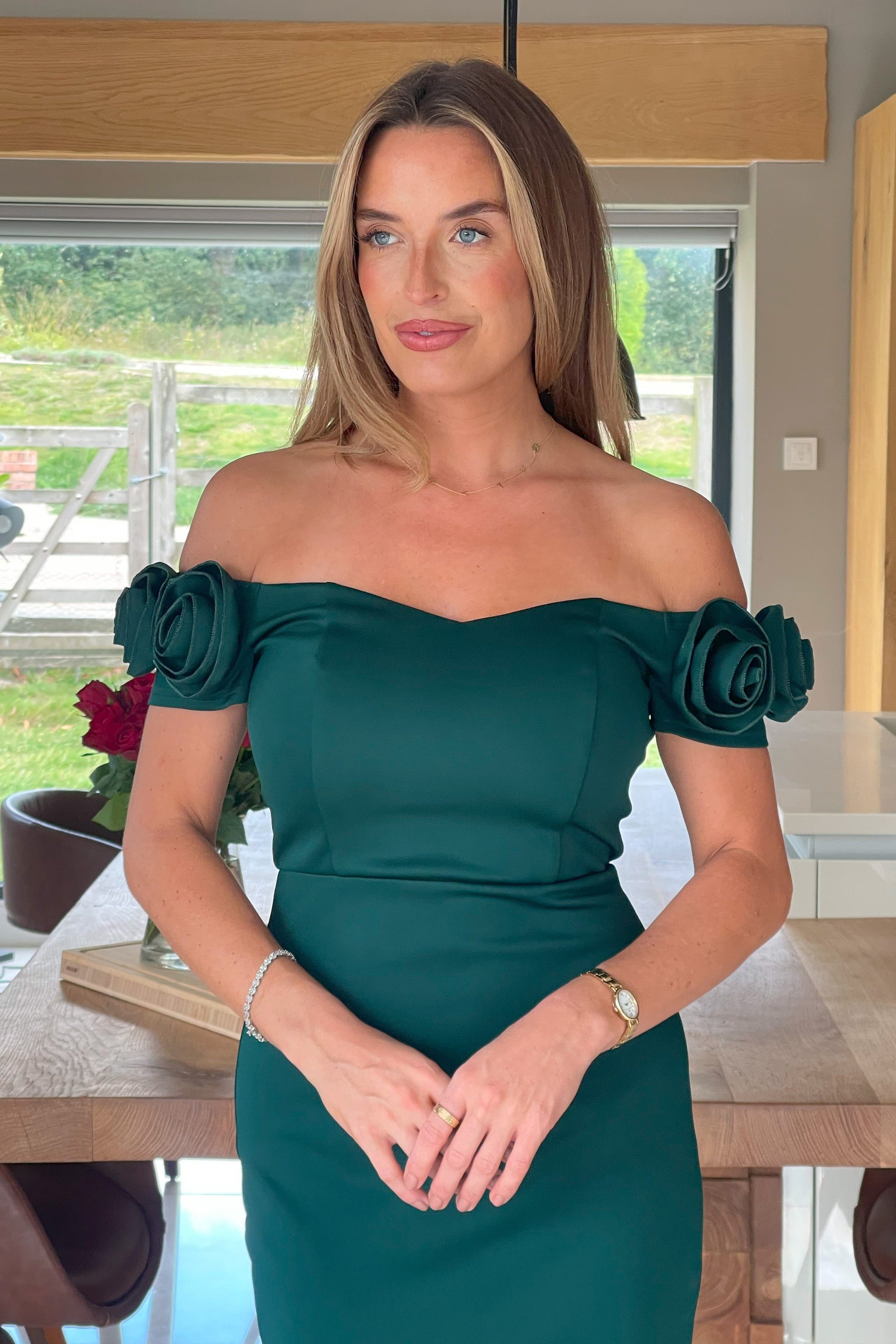 Alice 3D Floral Detail Off The Shoulder Midi Dress Emerald Green