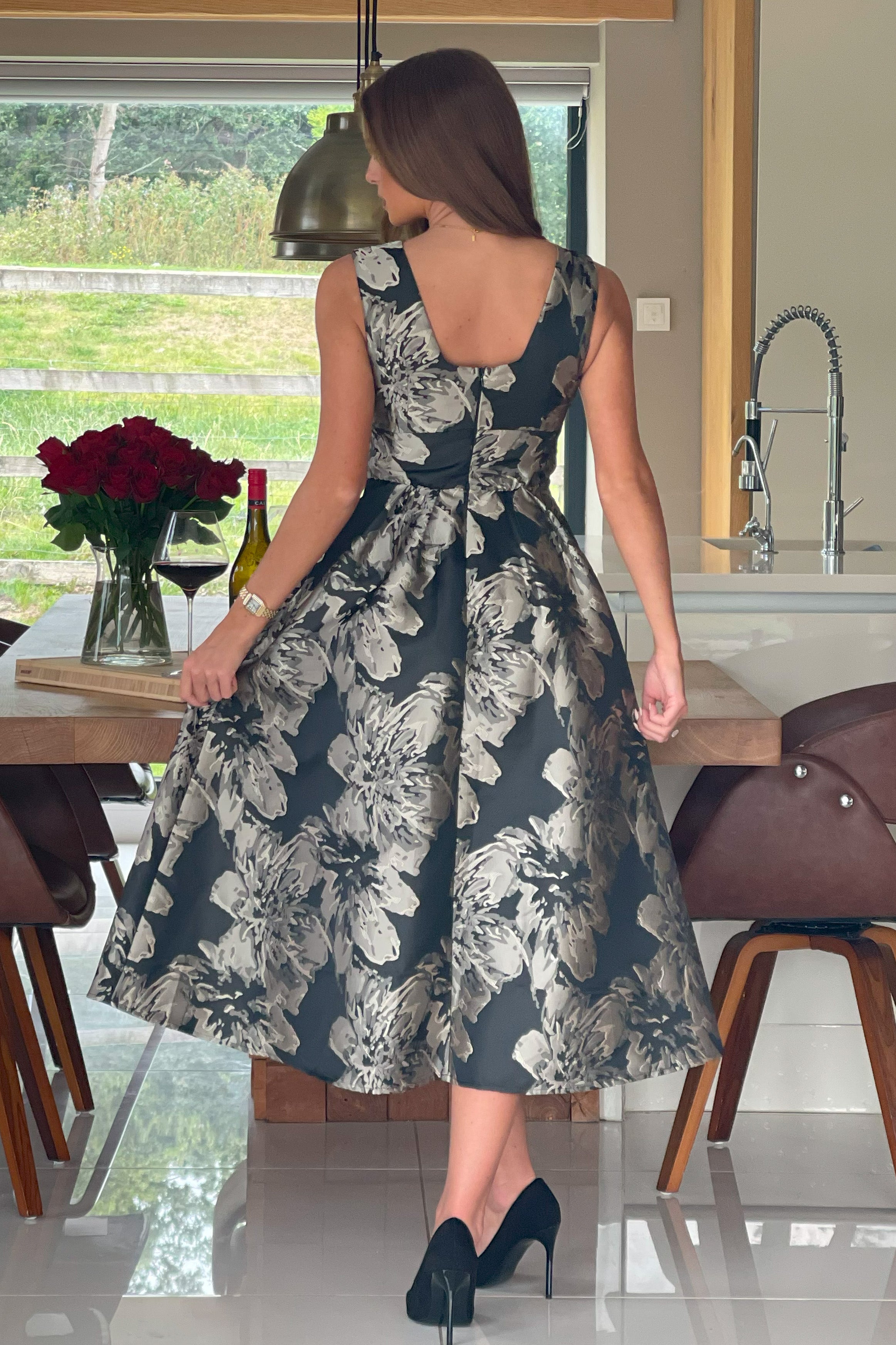 Jesinia Black And Gold Jacquard V Neck Midi Dress