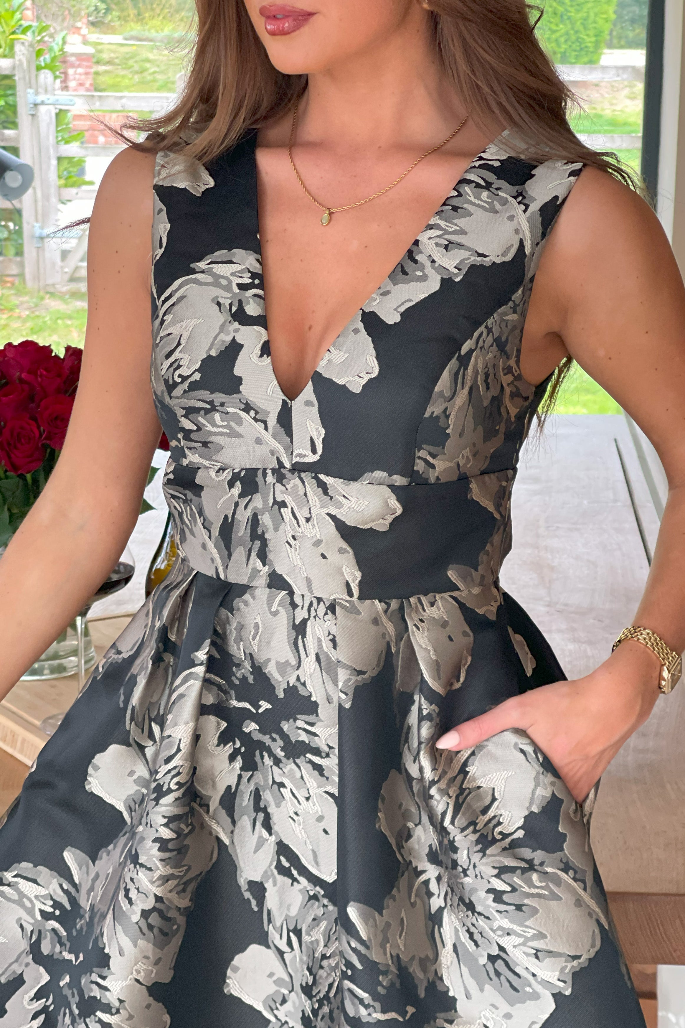Jesinia Black And Gold Jacquard V Neck Midi Dress