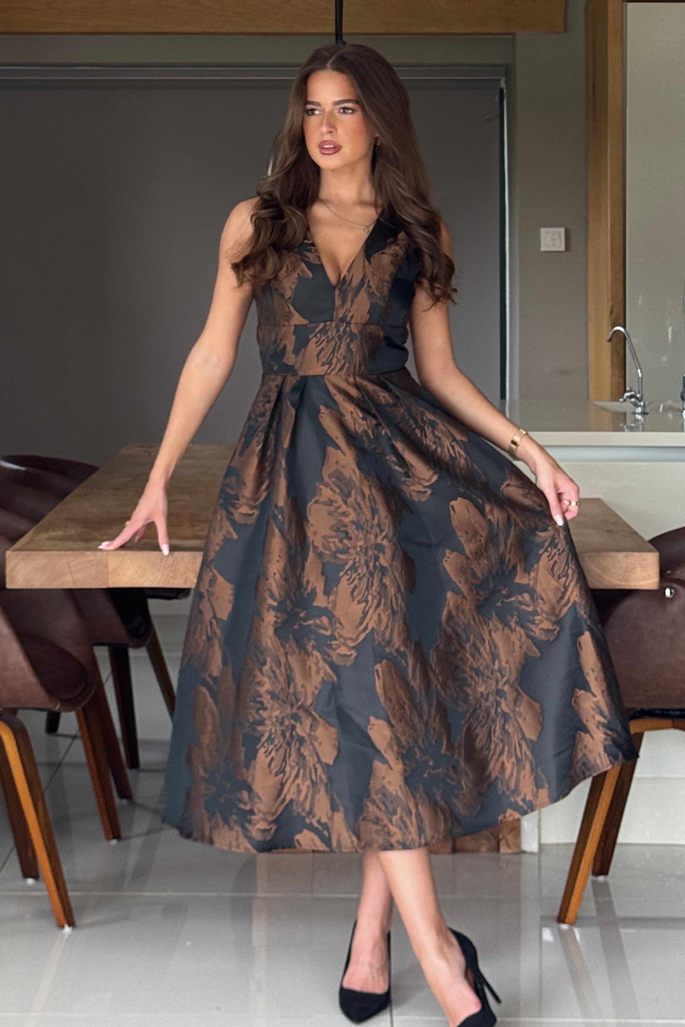 Jesinia Brown Jacquard V Neck Midi Dress