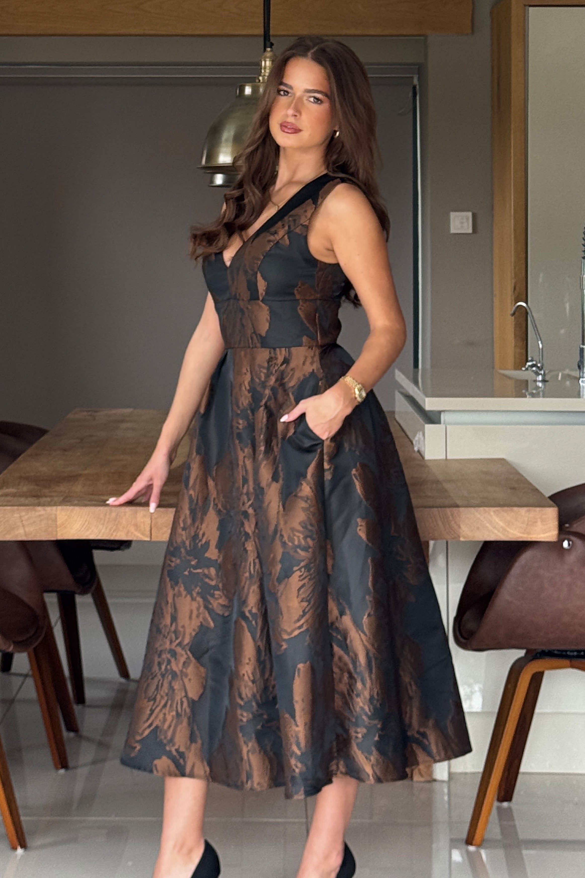 Jesinia Brown Jacquard V Neck Midi Dress