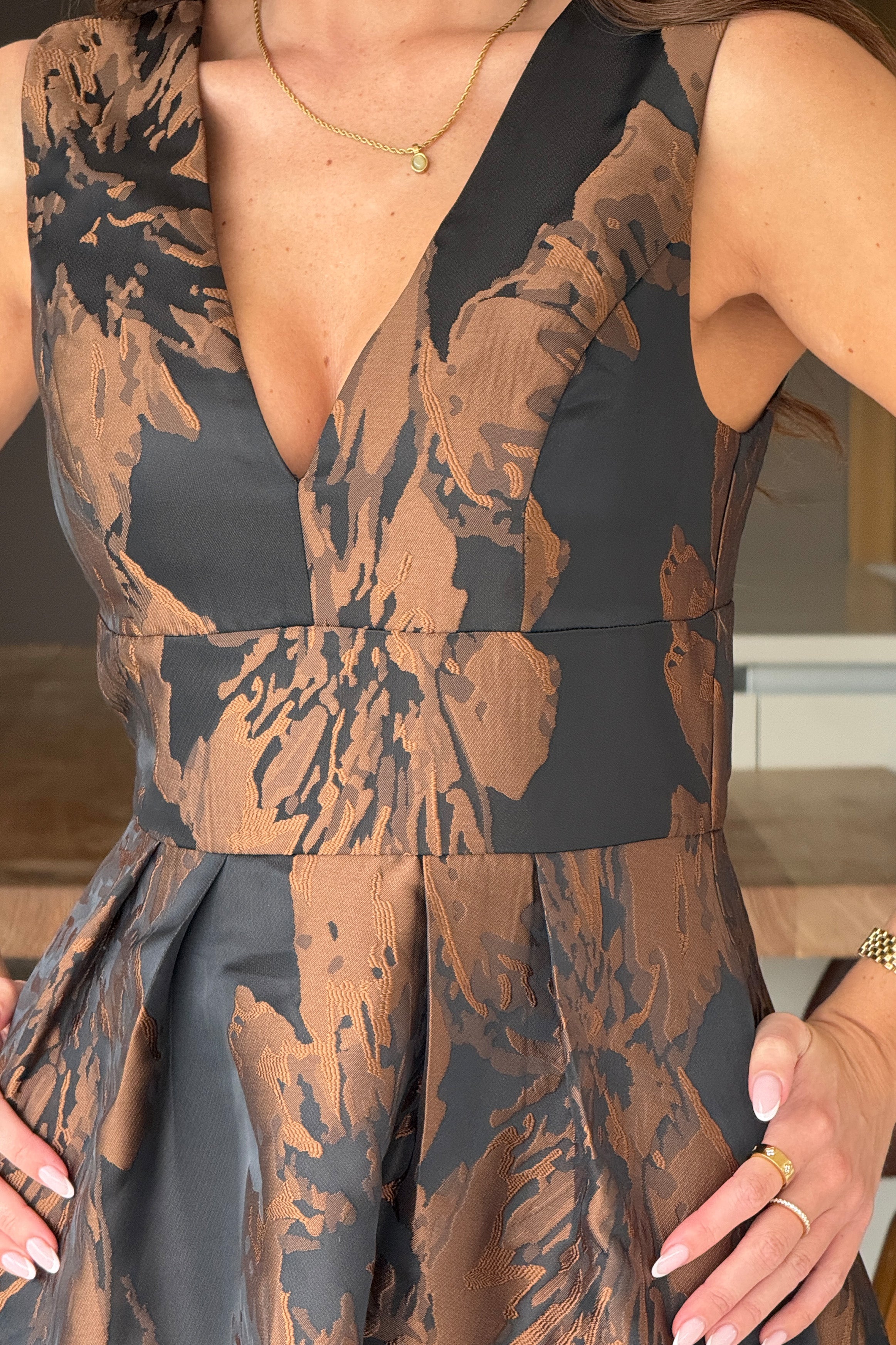 Jesinia Brown Jacquard V Neck Midi Dress