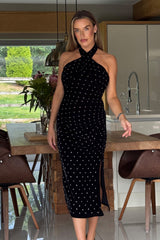 Bessie Halter Neck Side Split Midi Dress Beaded Velvet