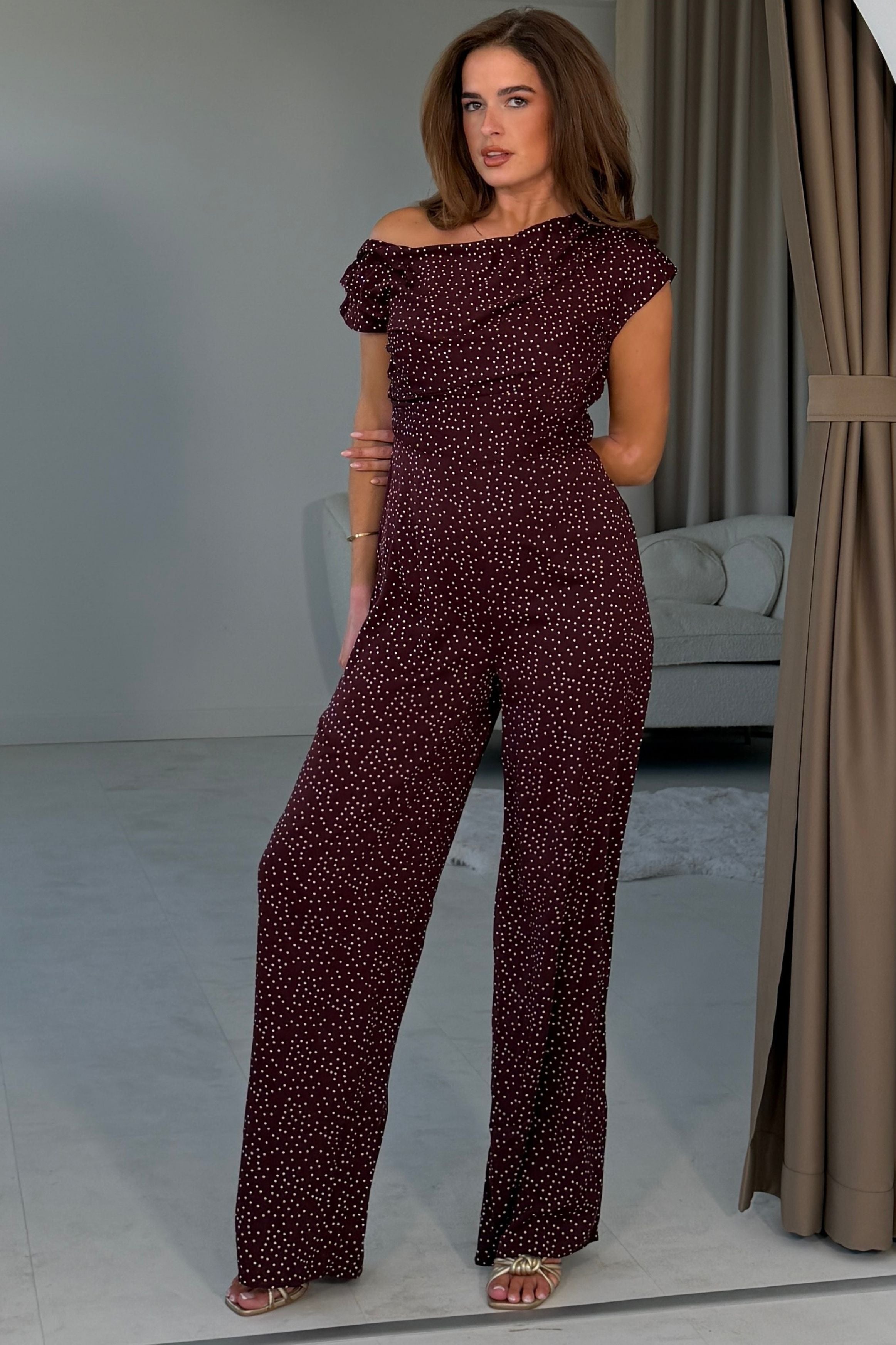 Donna Asymmetric Neckline Jumpsuit Berry Spot