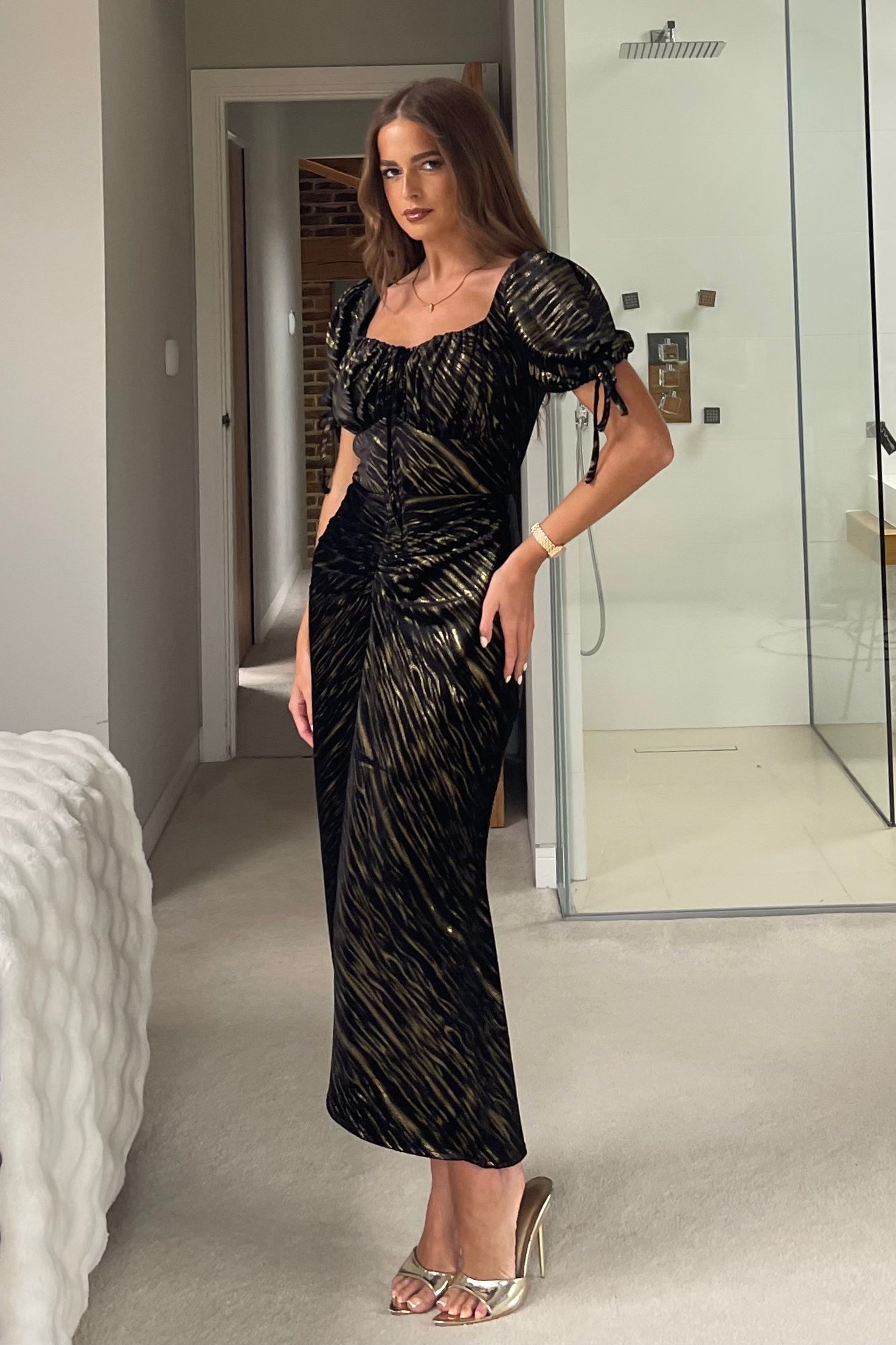 Dove Ruched Detail Velvet Midi Dress Black And Gold