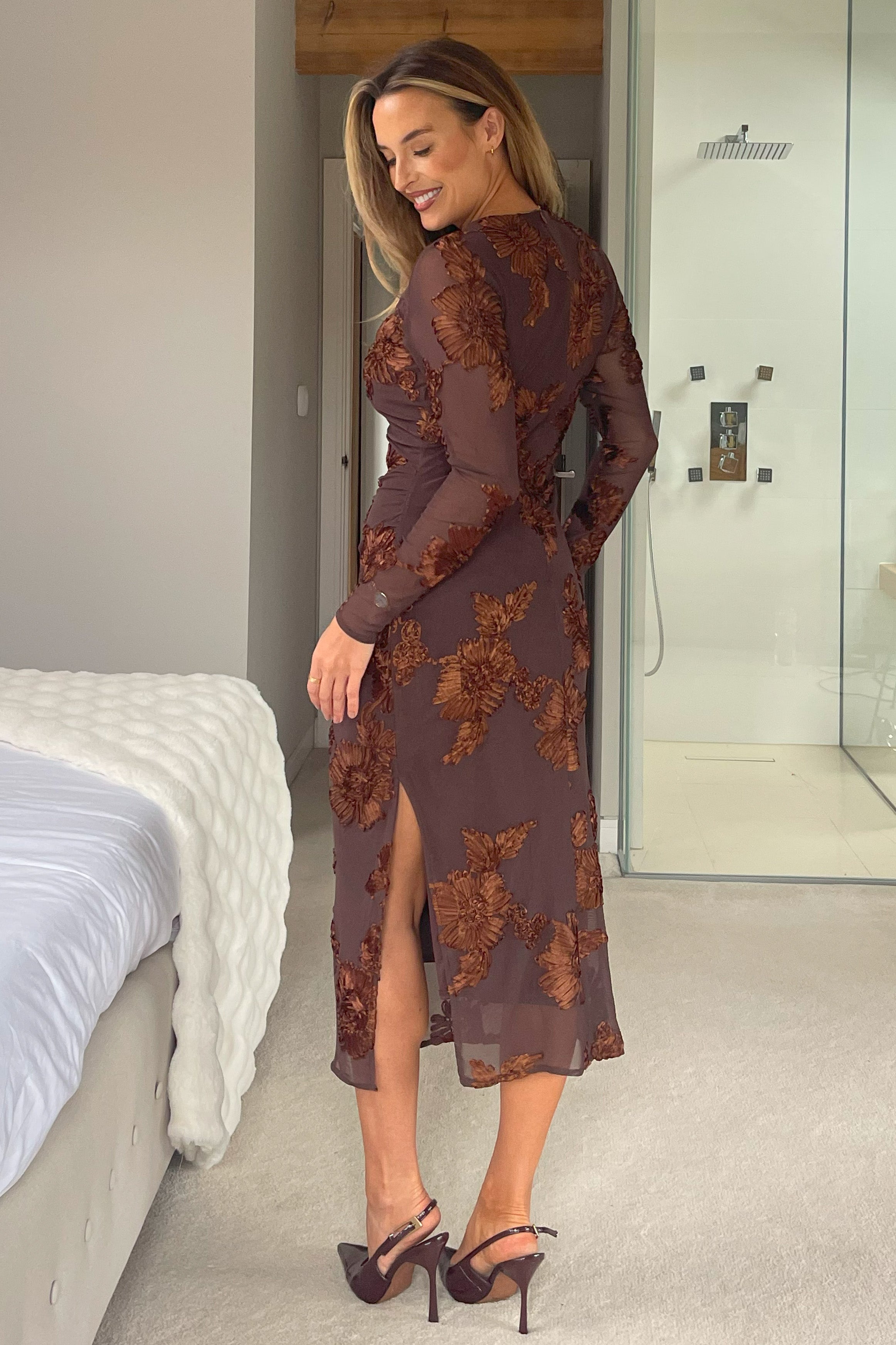 Elodie Floral Embroidered Mesh Bodycon Midi Dress Brown