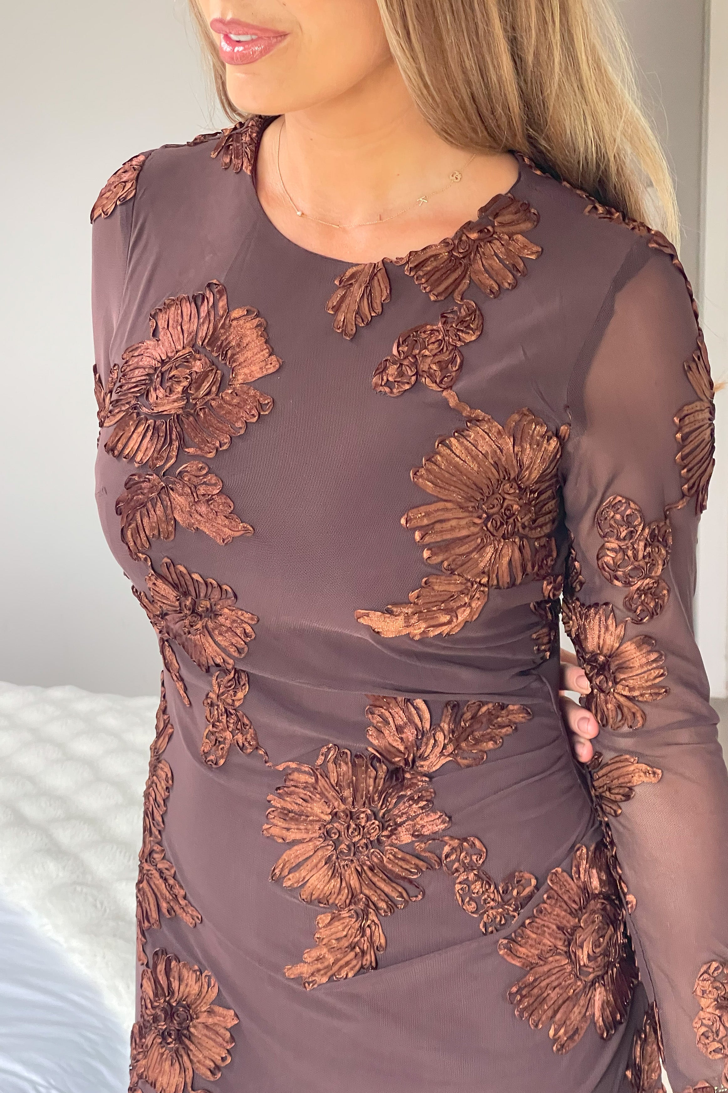 Elodie Floral Embroidered Mesh Bodycon Midi Dress Brown