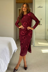 Elodie Floral Embroidered Mesh Bodycon Midi Dress Plum