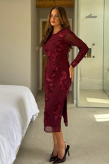 Elodie Floral Embroidered Mesh Bodycon Midi Dress Plum