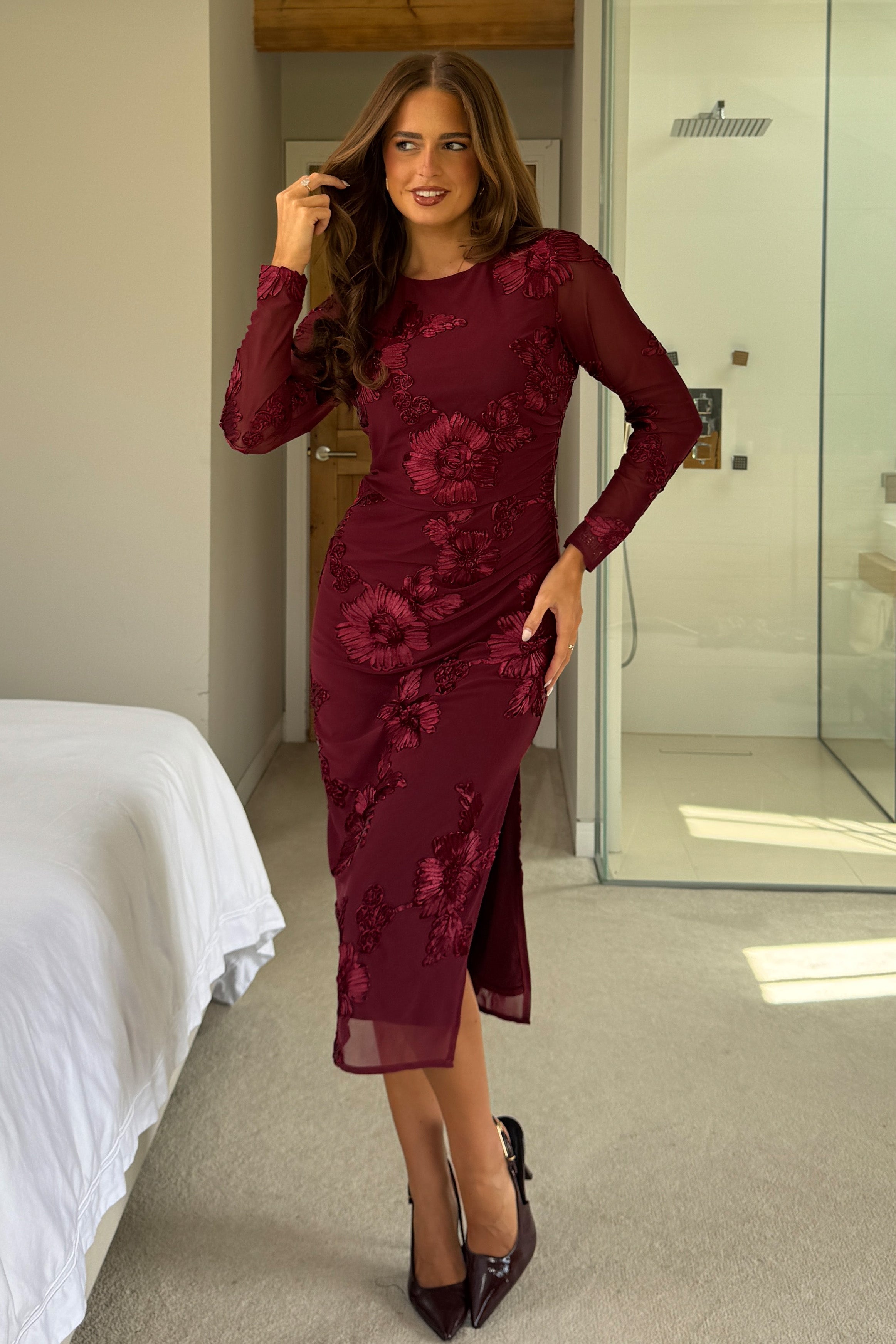 Elodie Floral Embroidered Mesh Bodycon Midi Dress Plum