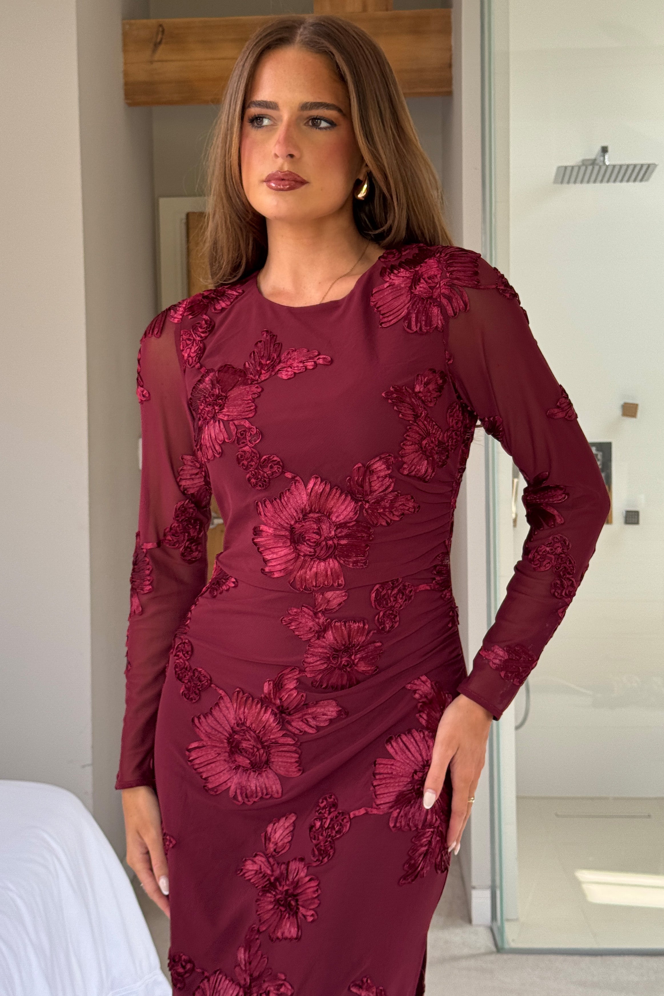 Elodie Floral Embroidered Mesh Bodycon Midi Dress Plum