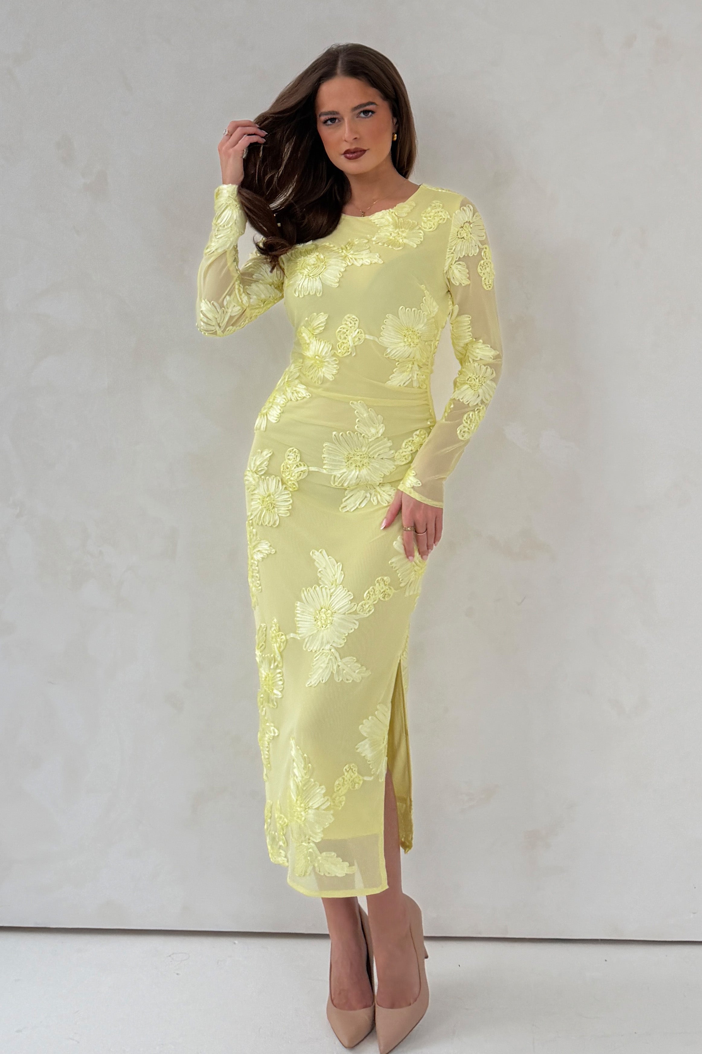 Elodie Floral Embroidered Mesh Bodycon Midi Dress Yellow