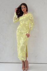 Elodie Floral Embroidered Mesh Bodycon Midi Dress Yellow