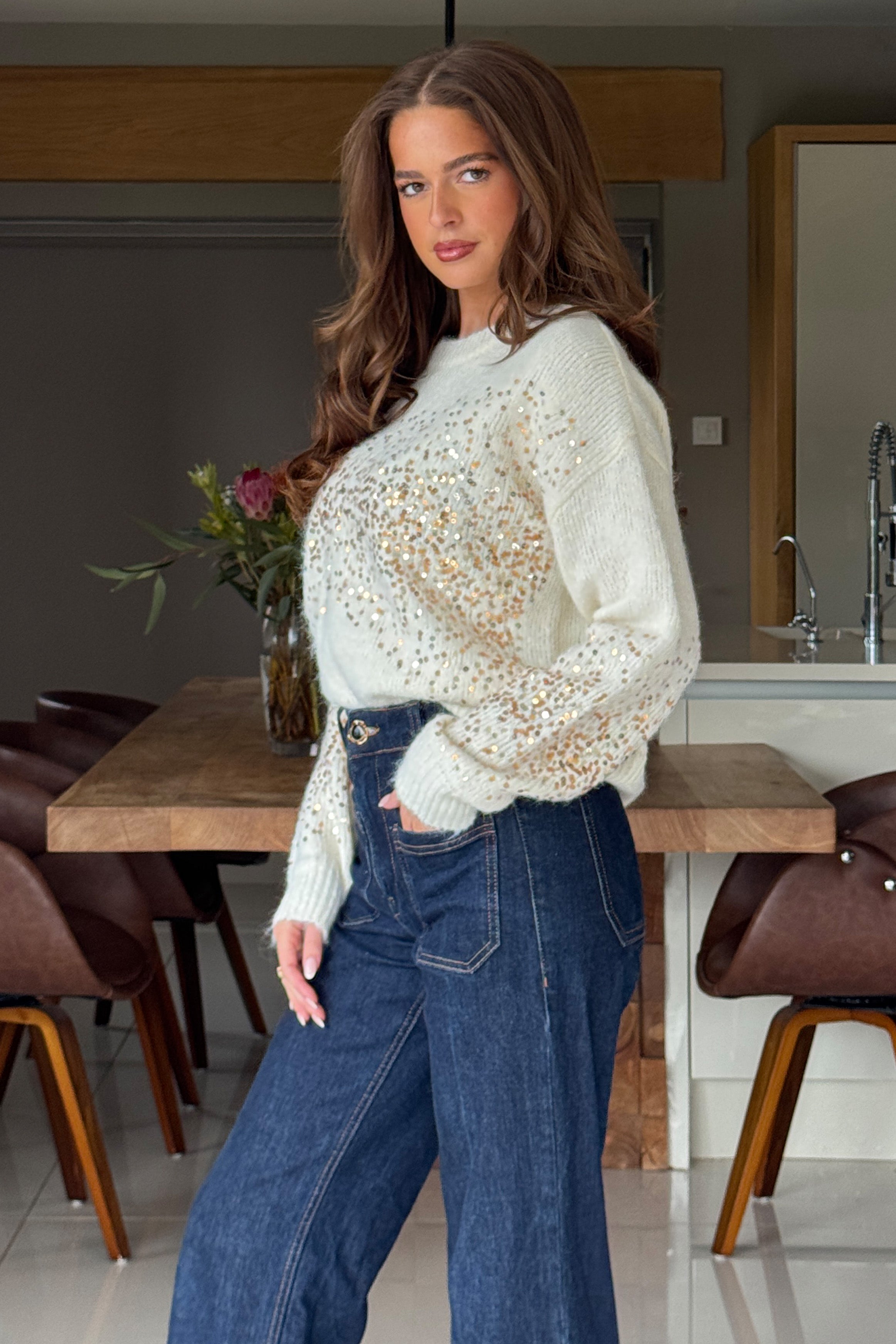 Hina Sequin Knit Jumper Cream