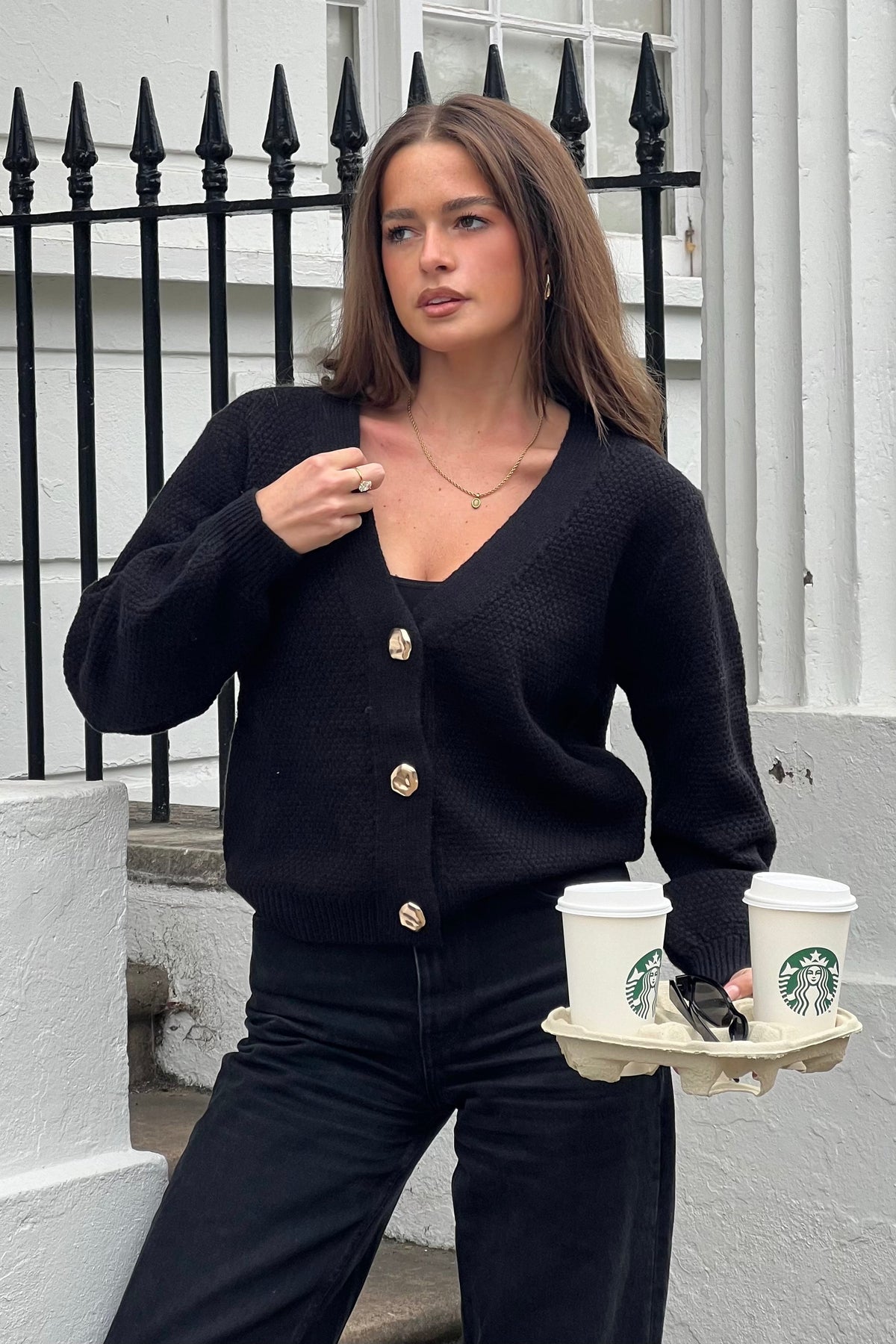 Dominique V Neck Gold Button Cardigan Black