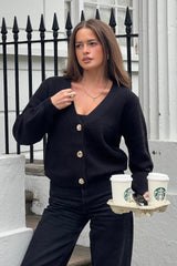 Dominique V Neck Gold Button Cardigan Black