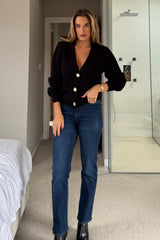 Dominique V Neck Gold Button Cardigan Black