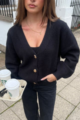 Dominique V Neck Gold Button Cardigan Black