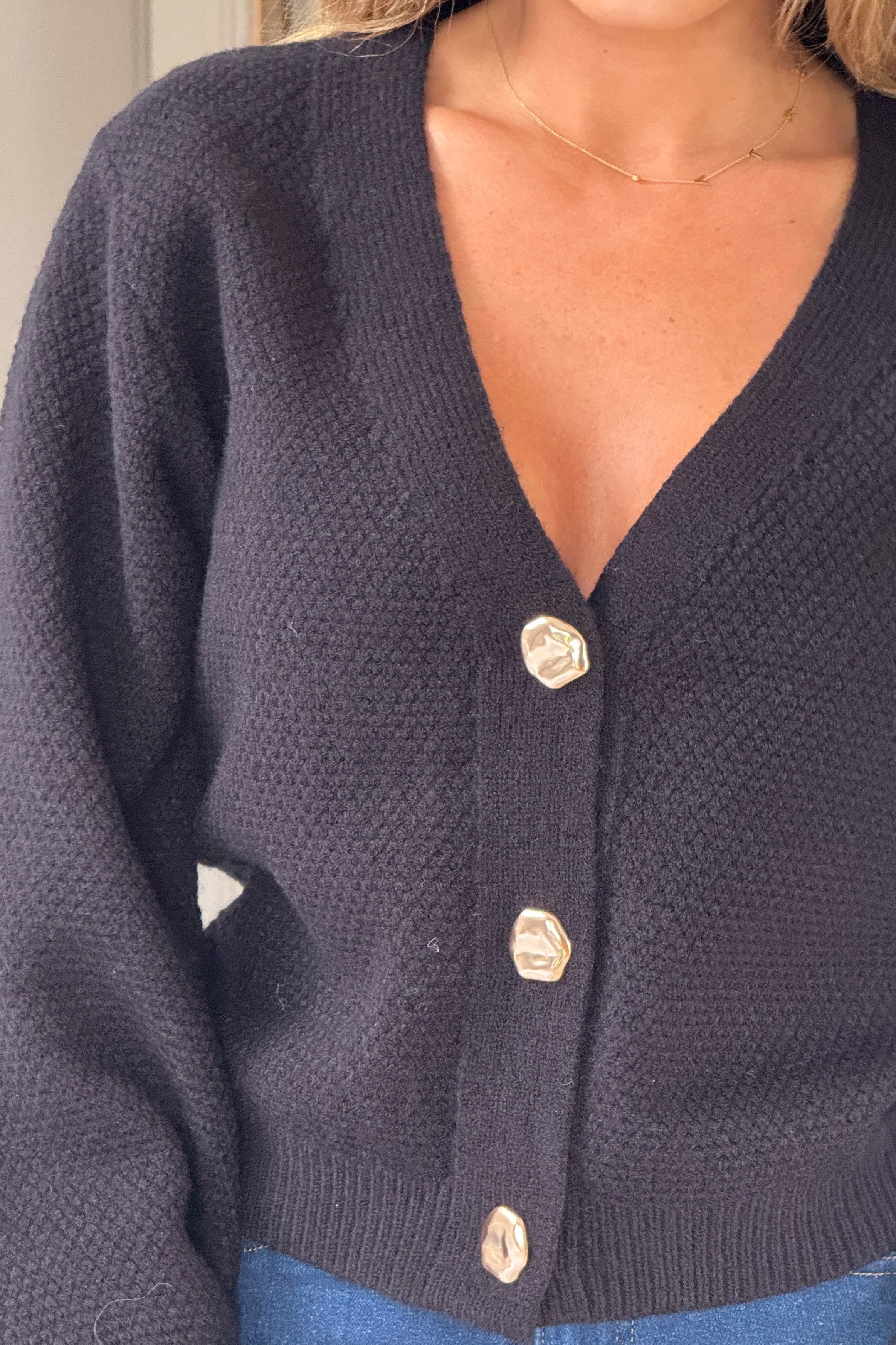 Dominique V Neck Gold Button Cardigan Black