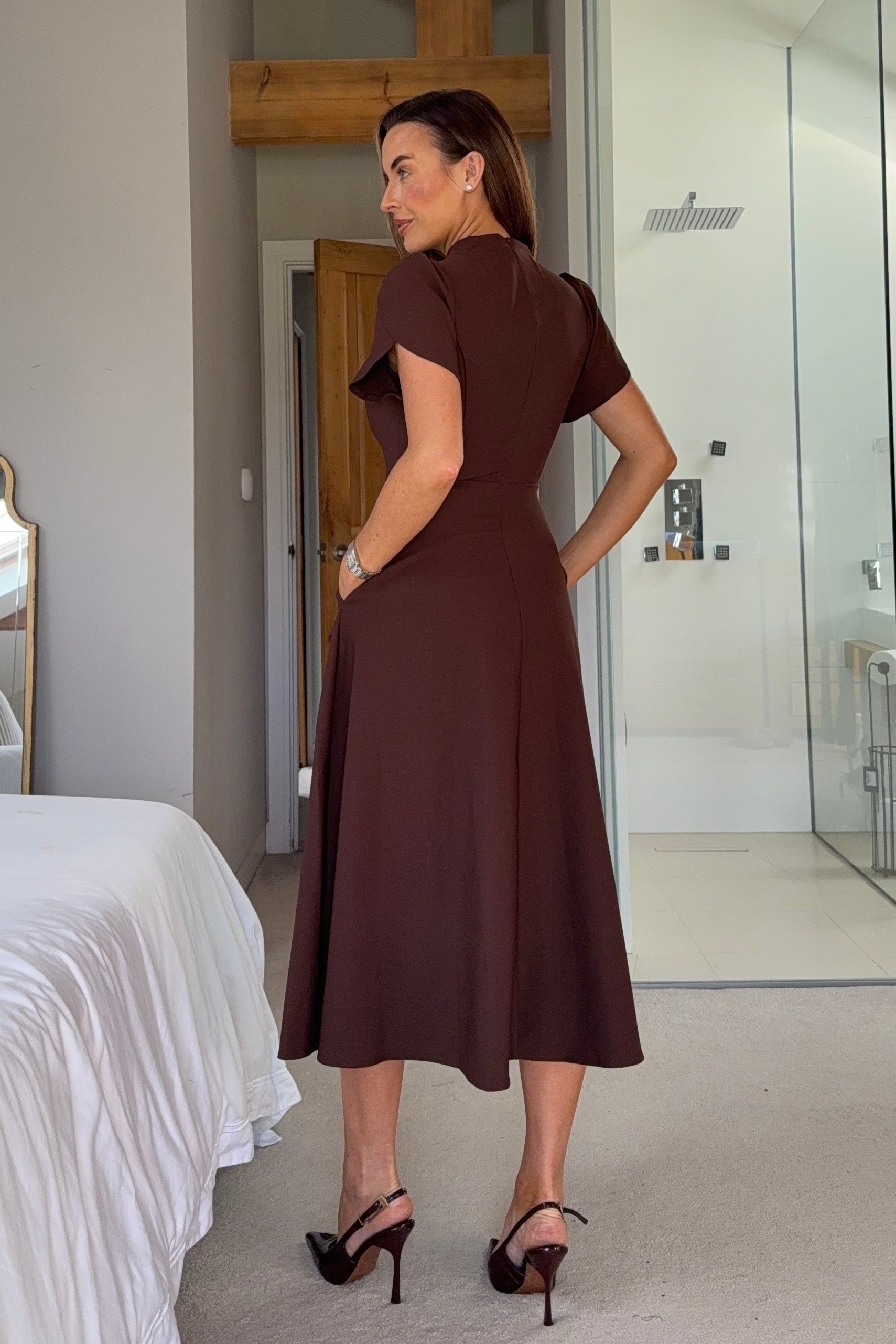 Katisha Tulip Sleeve High Neck Midi Dress Brown