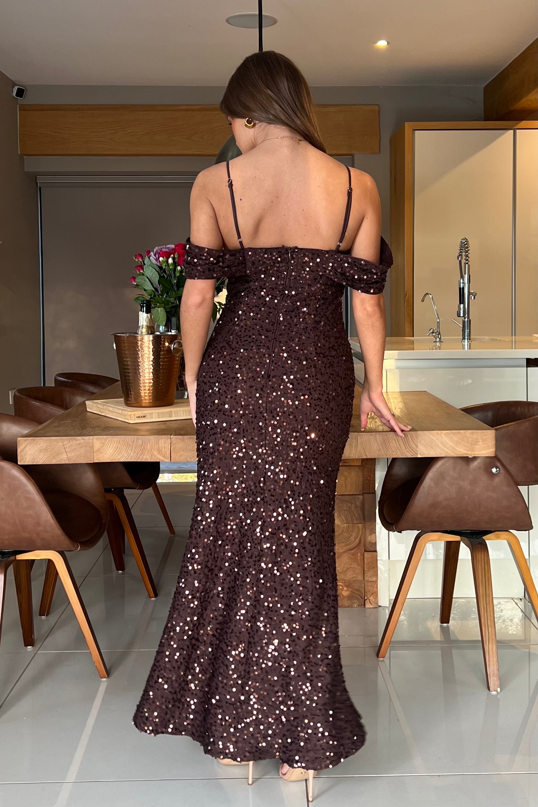 Julia Sequin Maxi Dress Brown