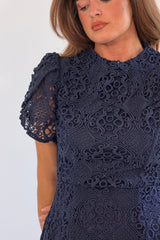 Ami Corded Lace Tulip Sleeve Mini Dress Navy
