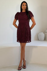 Ami Corded Lace Tulip Sleeve Mini Dress Plum