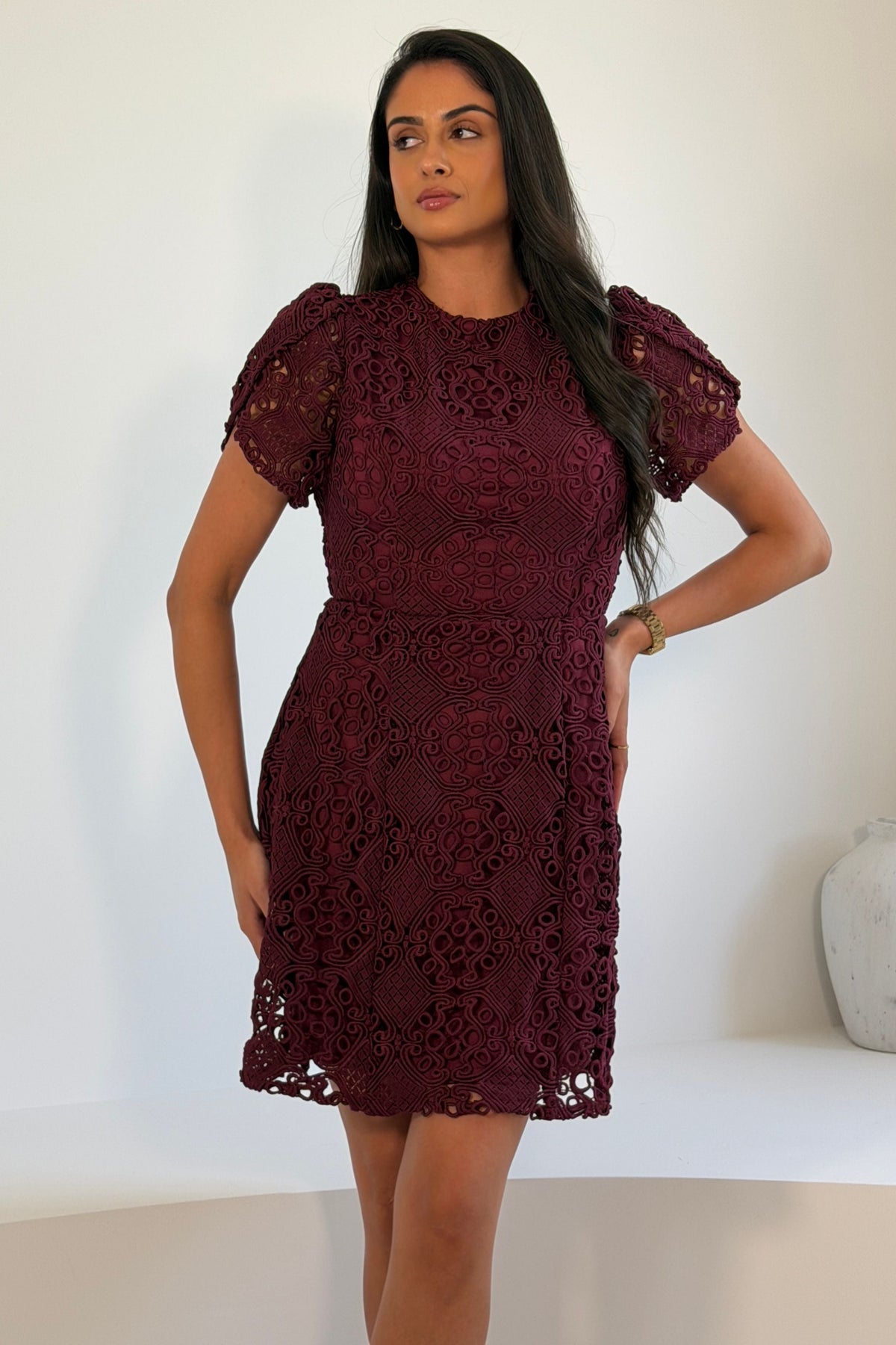 Ami Corded Lace Tulip Sleeve Mini Dress Plum