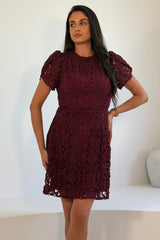 Ami Corded Lace Tulip Sleeve Mini Dress Plum