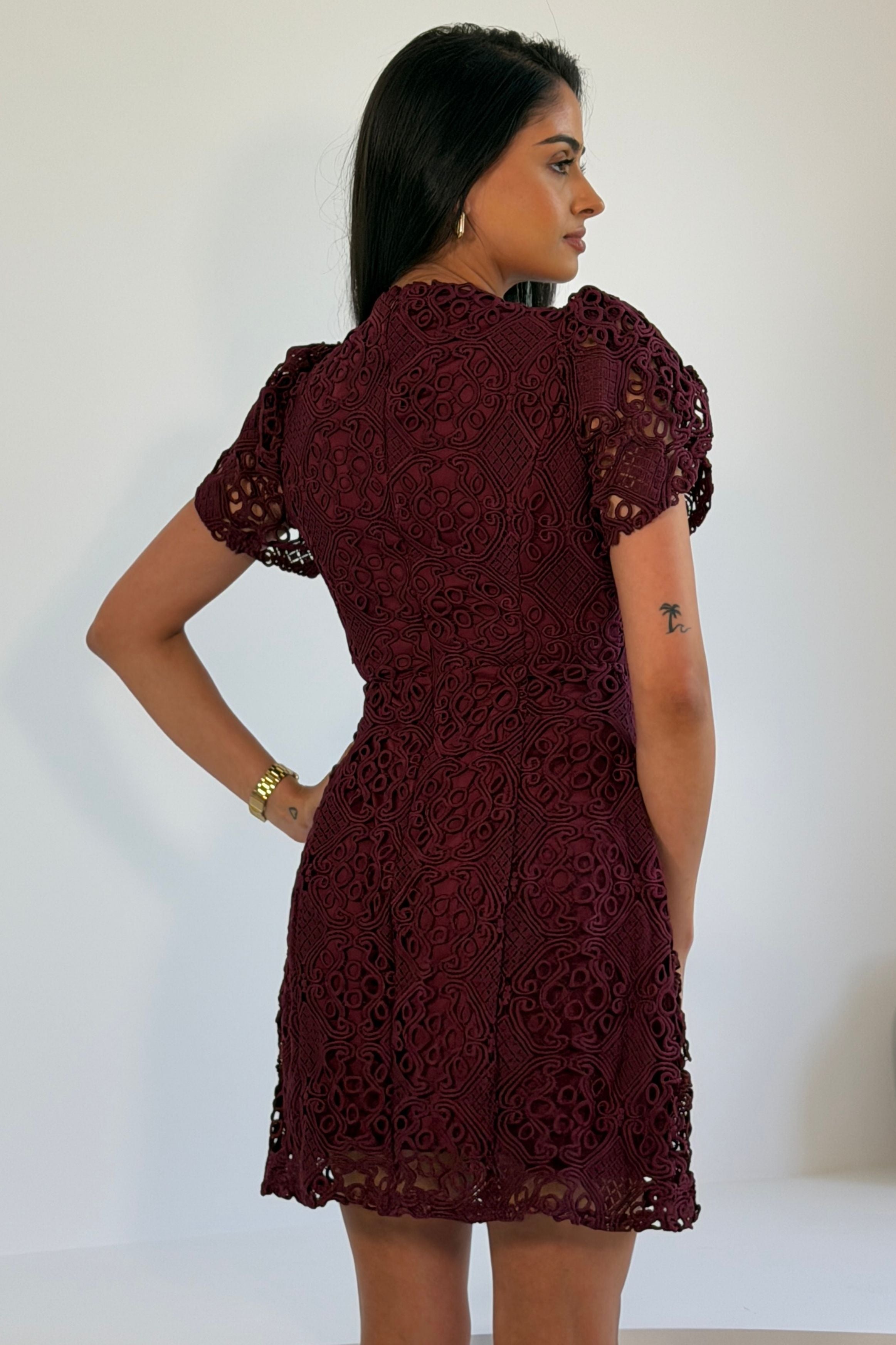 Ami Corded Lace Tulip Sleeve Mini Dress Plum