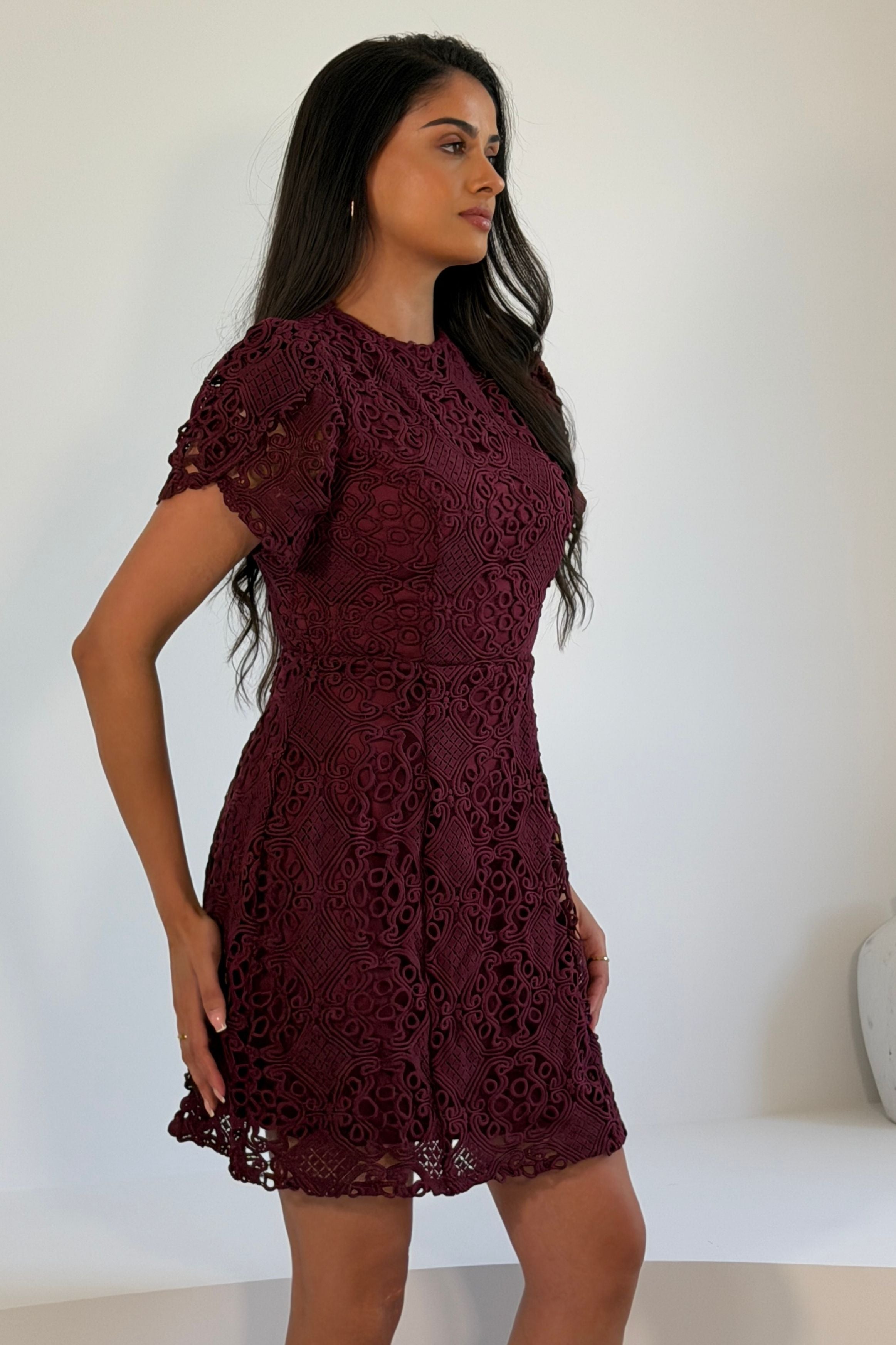 Ami Corded Lace Tulip Sleeve Mini Dress Plum