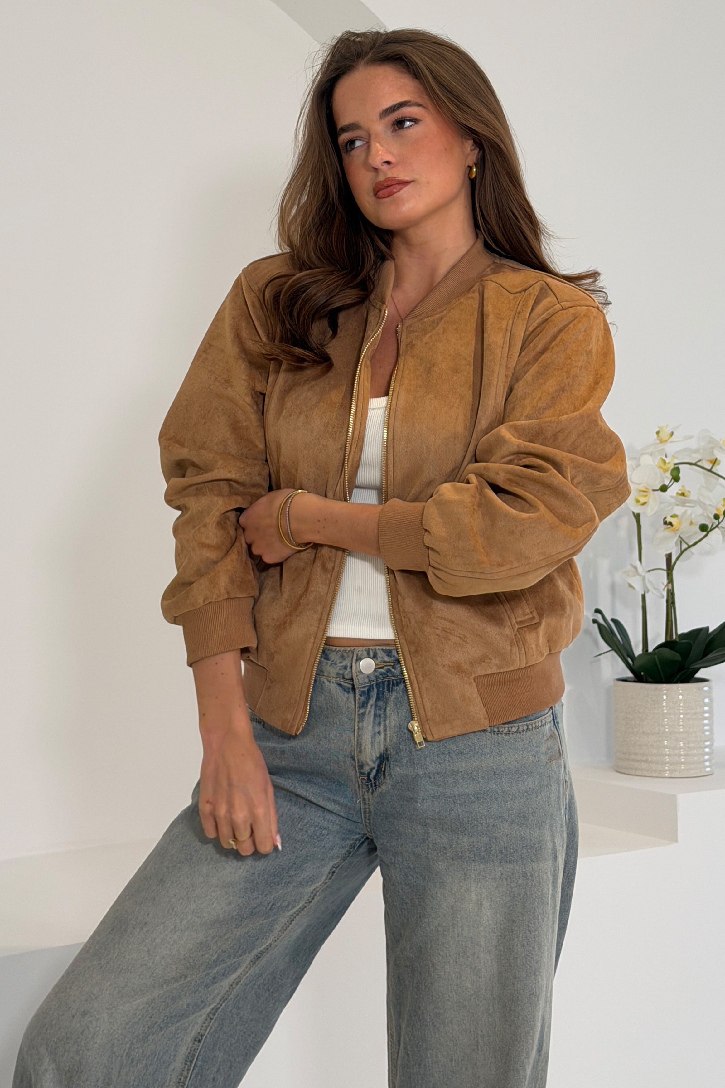 Arwen Suedette Classic Bomber Jacket Stone