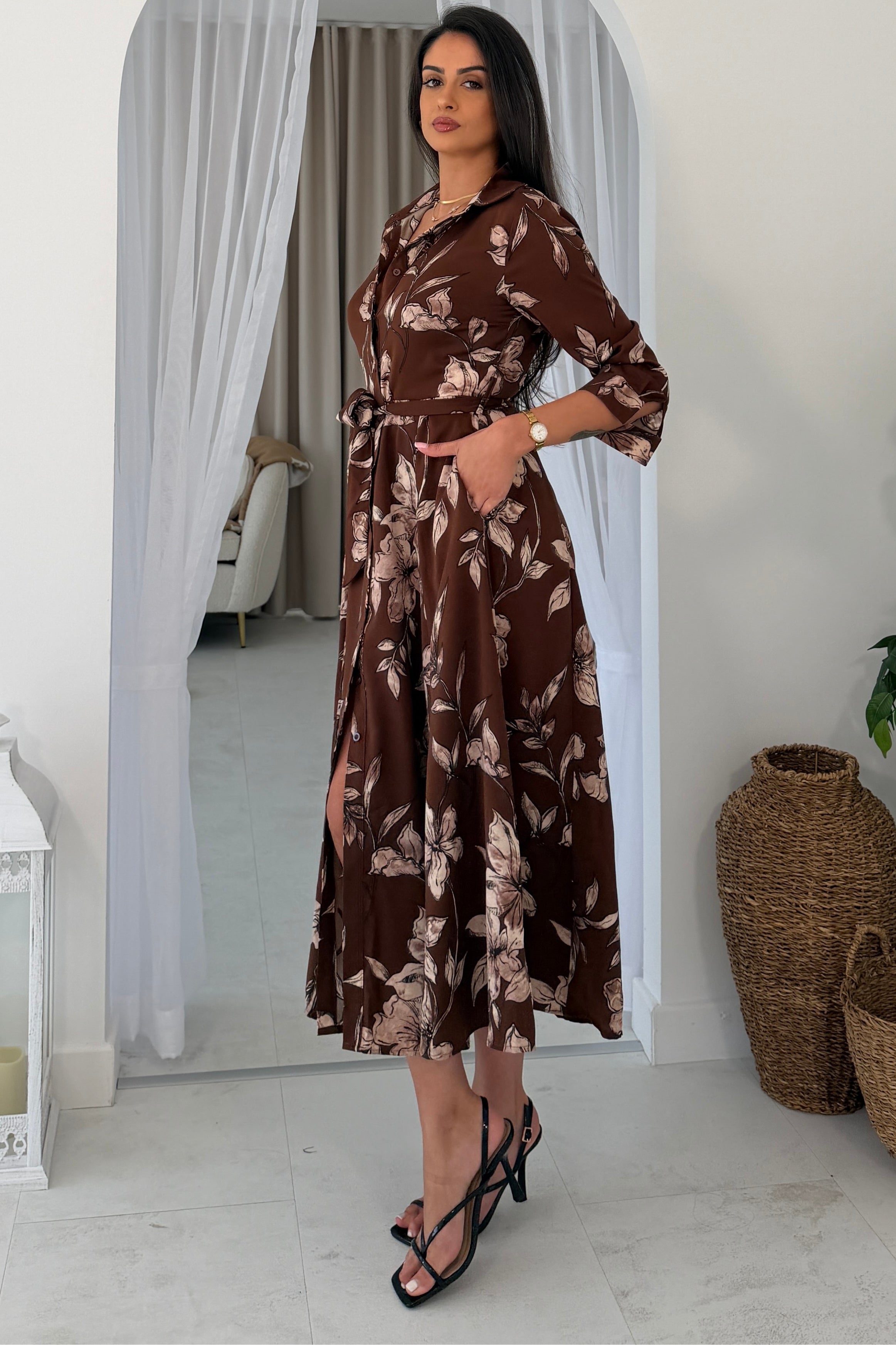 Angela Long Sleeve Maxi Shirt Dress Brown Floral