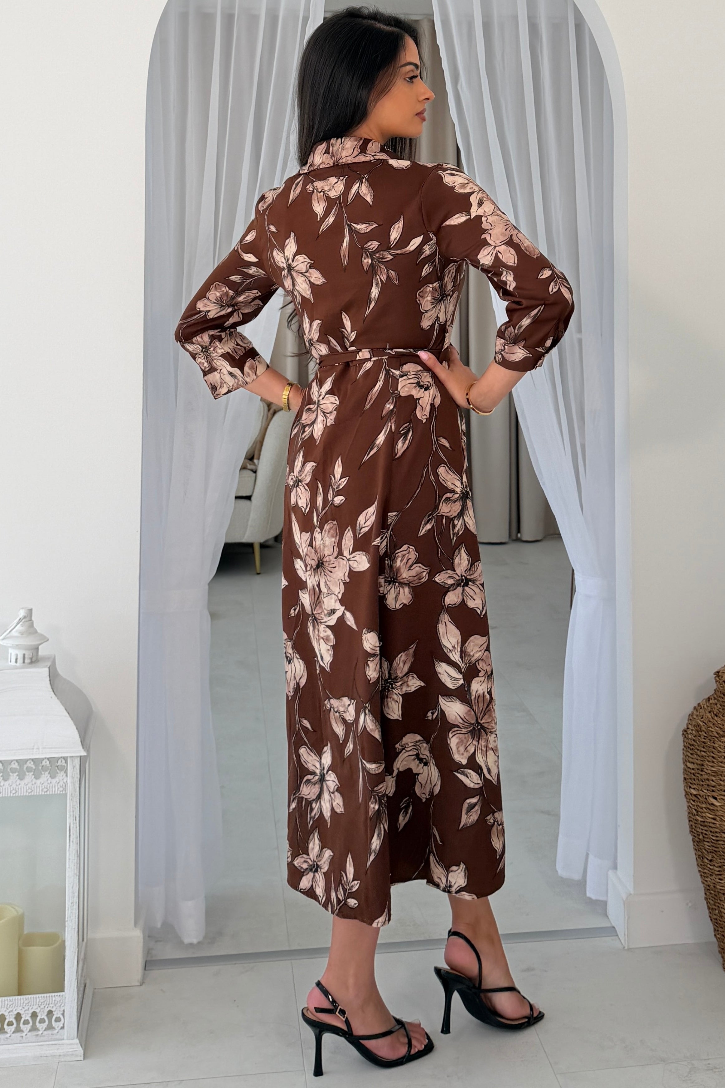 Angela Long Sleeve Maxi Shirt Dress Brown Floral
