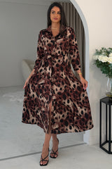 Angela Long Sleeve Maxi Shirt Dress Brown Animal Print