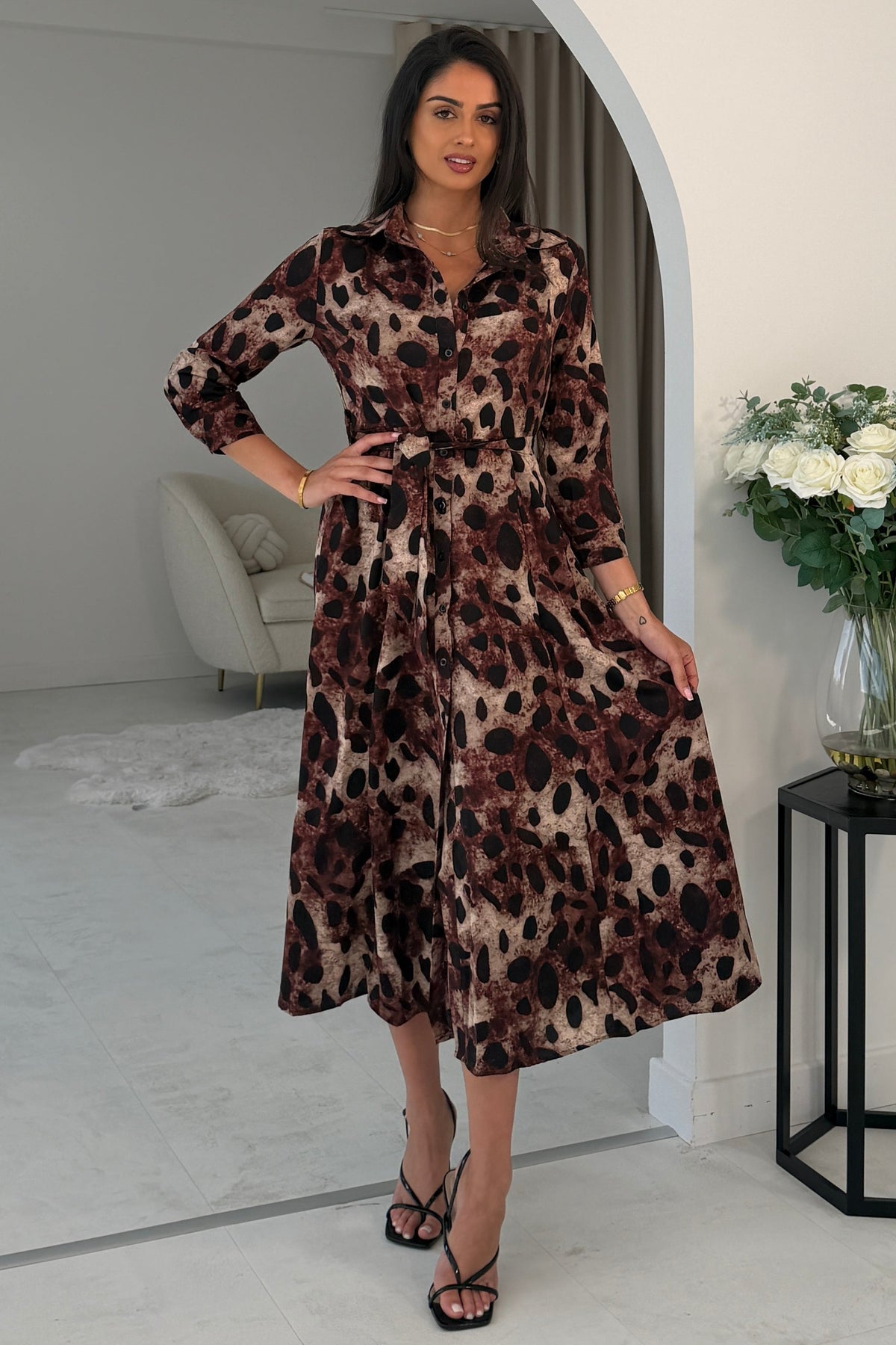 Angela Long Sleeve Maxi Shirt Dress Brown Animal Print